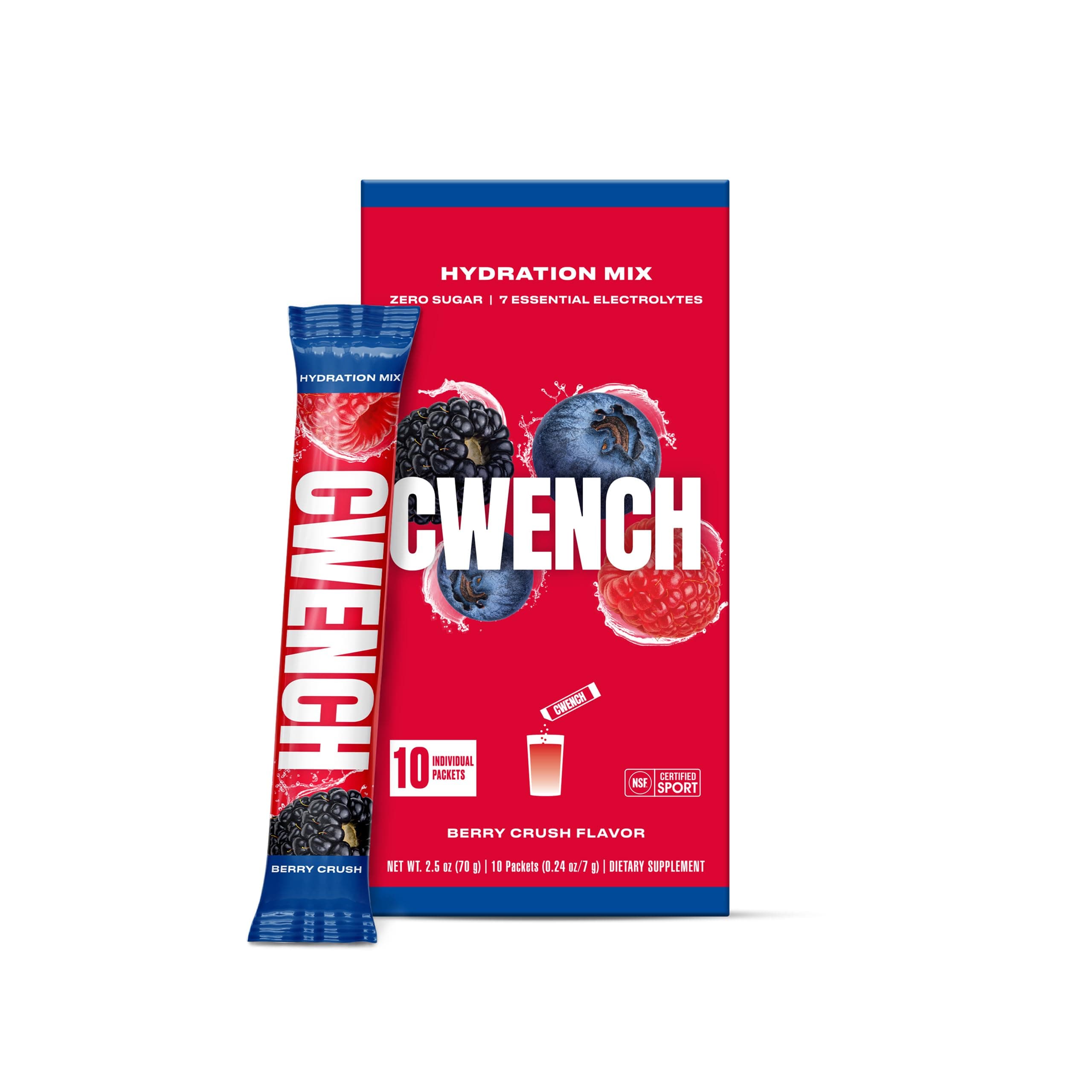 Cwench Hydration Electrolyte Mix + BCAA - Berry Crush 10 Count | NSF Certified | No Added Sugar | No Artificial Sweeteners | Premium Electrolytes | 10 x 7 g stick box