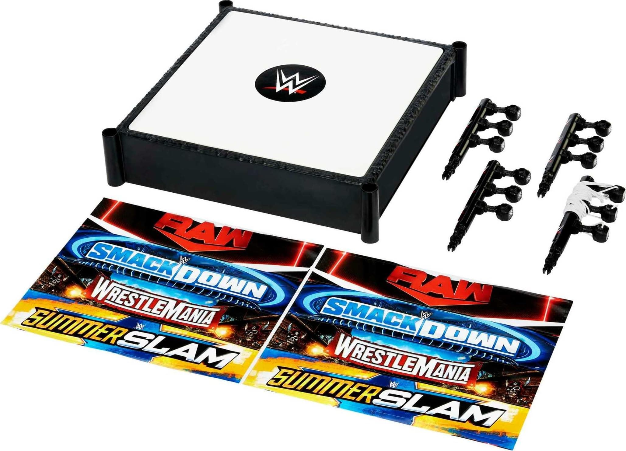 WWE Superstar Ring, 14 inches with Spring-Loaded Mat, 4 Event Apron Stickers & Pro-Tension Ropes for WWE 6-inch Action Figures