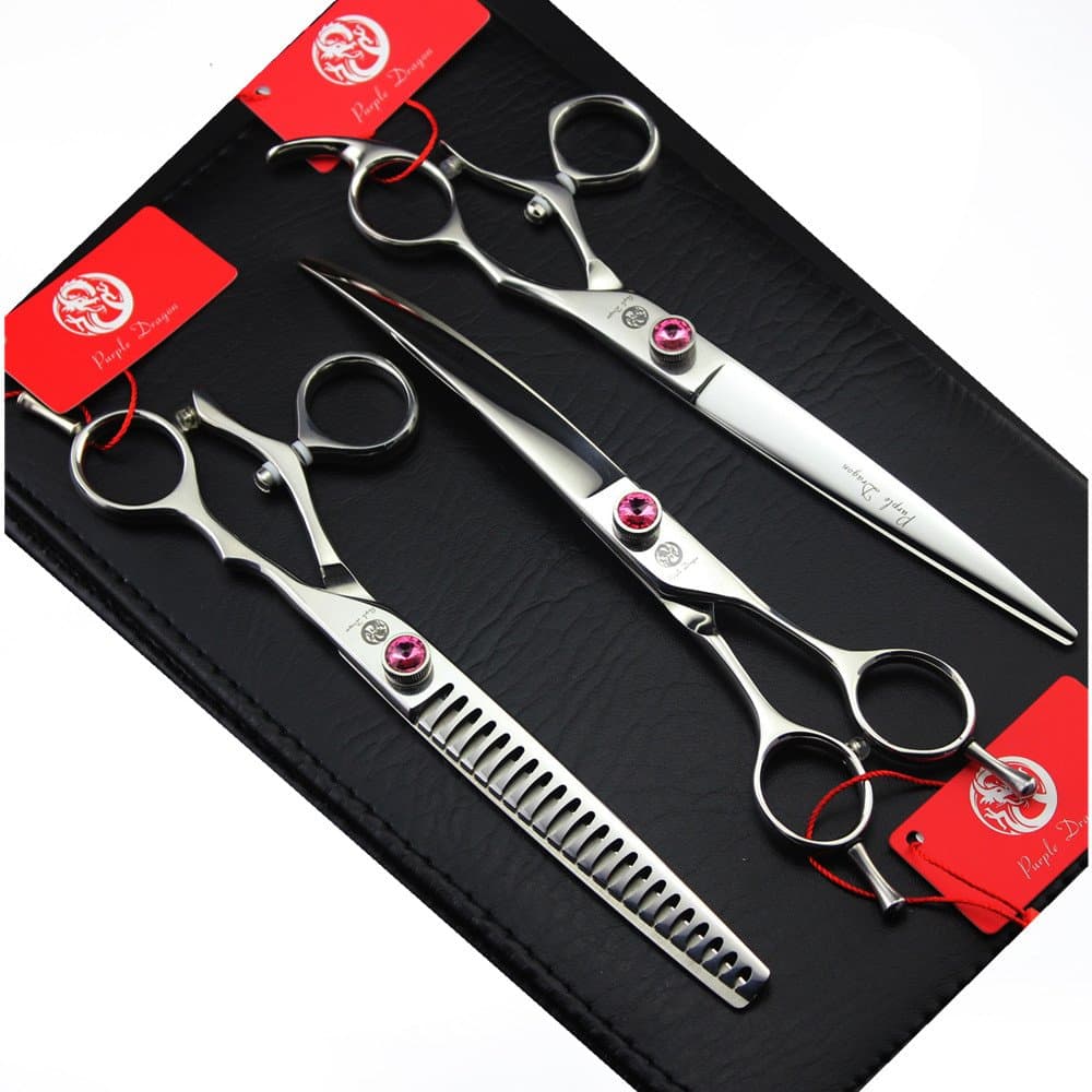 7.0"/8.0" 3 in 1 Top-Level Professional Pet Grooming Thinning or Chunker Scissors - Downward Curved Shears and Dog Hair Cutting Scissor - Pet Groomer (G-Silver-7.5 inch)