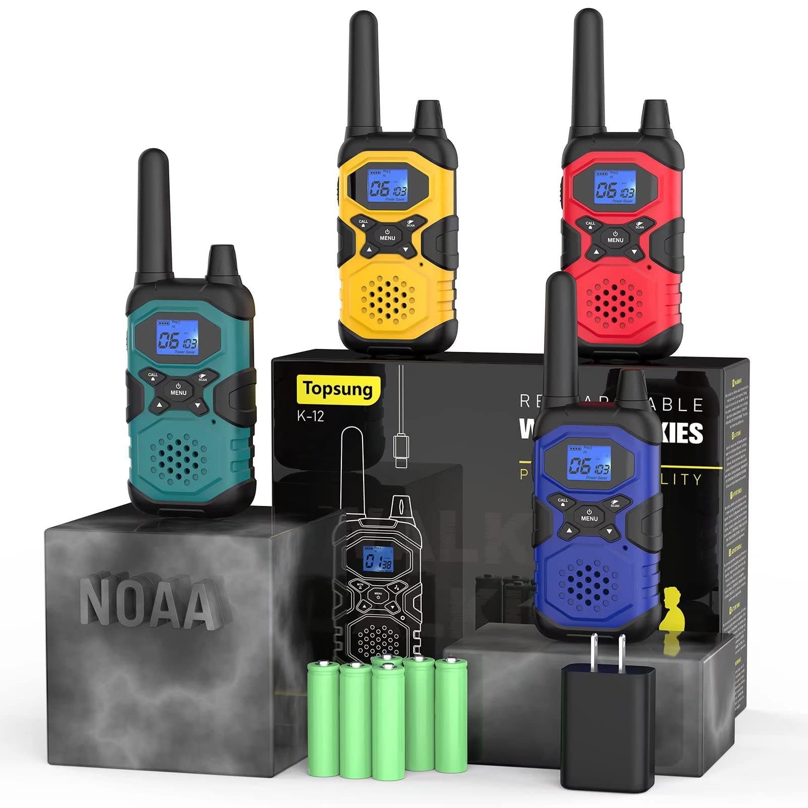 Walkie Talkies for Adults Long Range Rechargeable 4 Pack, Multi-purpose NOAA 2 Way Radios with Earpiece Charger 4500mAh Battery for Family Seniors Care Garage Work Camping Hiking Skiing Cruise