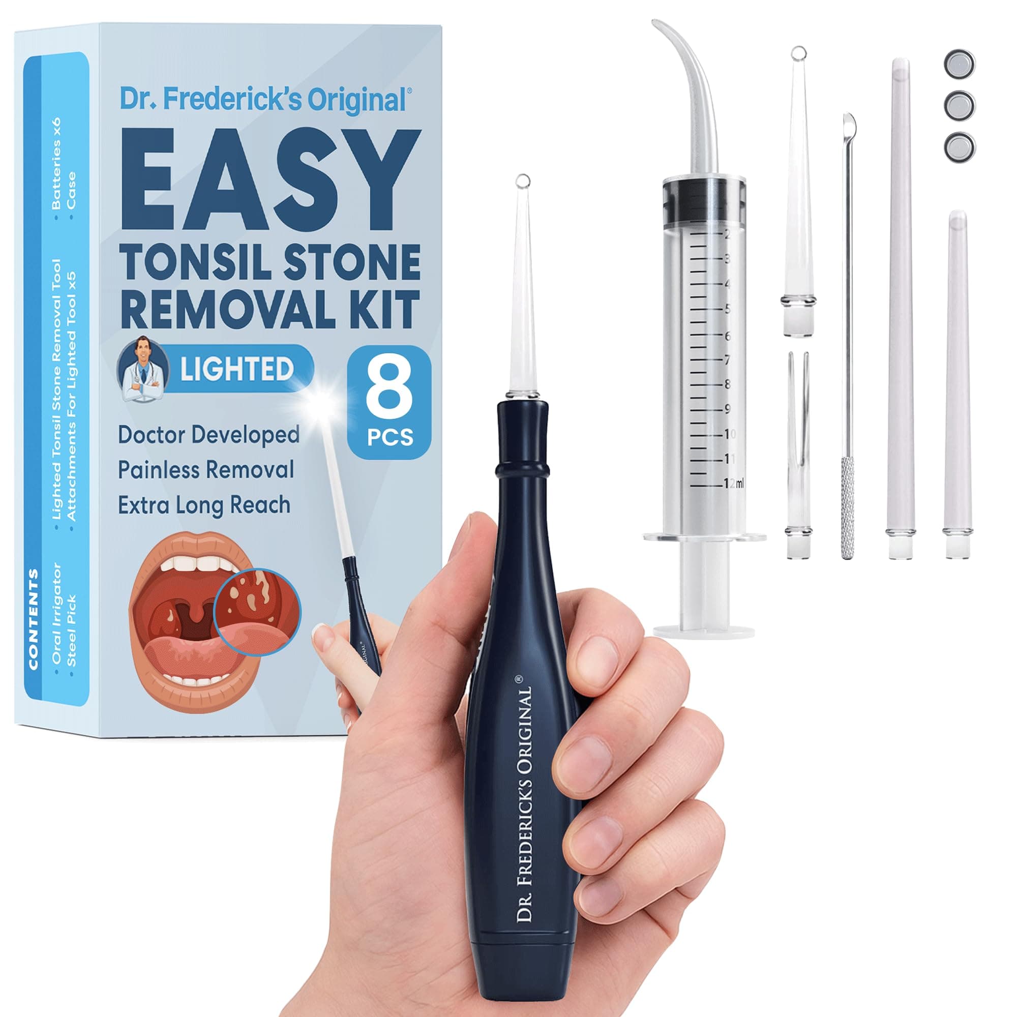Dr. Frederick's Original Easy Tonsil Stone Remover Kit - Fast Painless Tonsillolith Removal Tool - Fight Bad Breath - Pick and Oral Irrigator - 8 Pieces