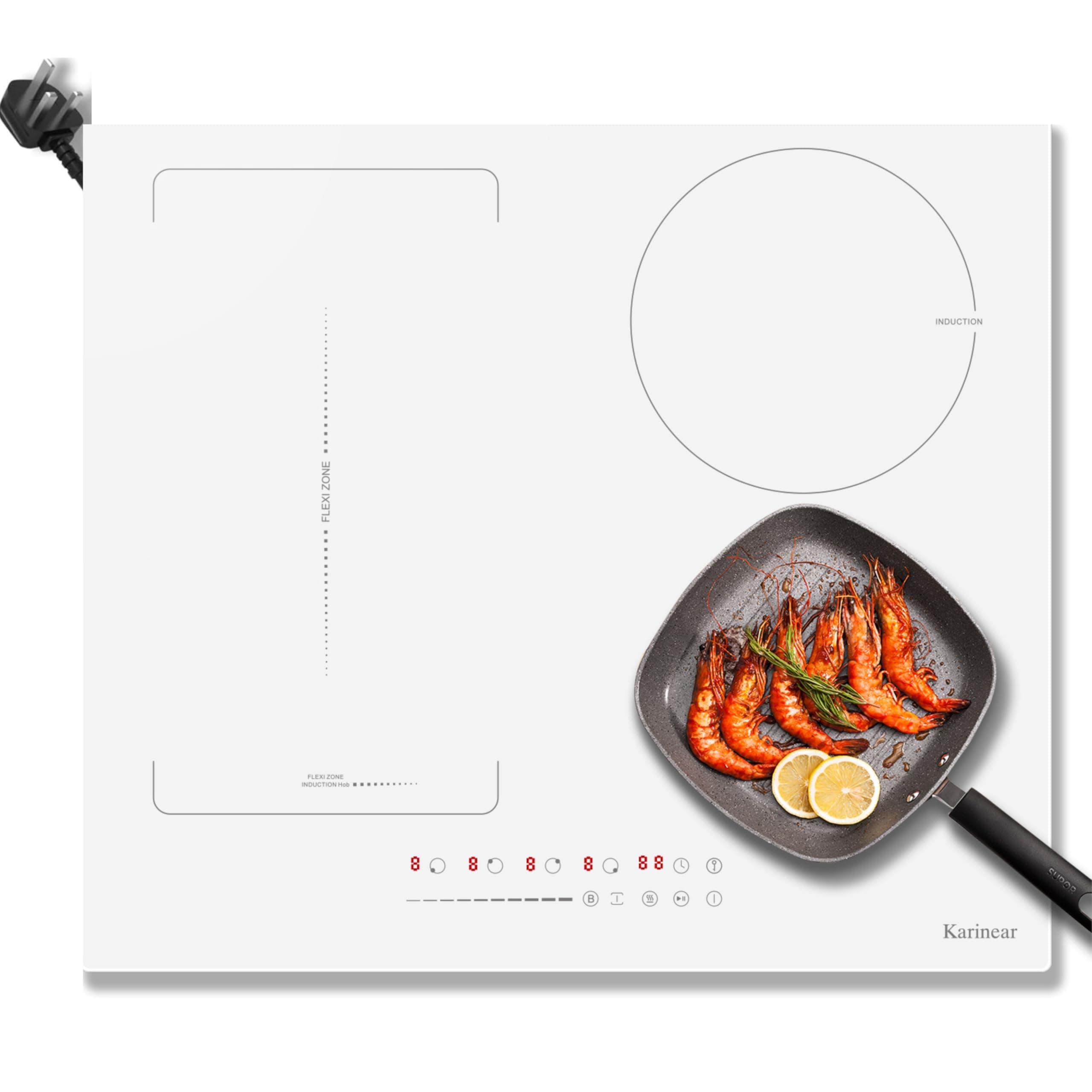 Karinear White Induction Hob 13AMP Plug 4 Zone Induction Hob 60cm with Flex Zone 2800W with Timer Auto Switch Off Safety Lock Boost