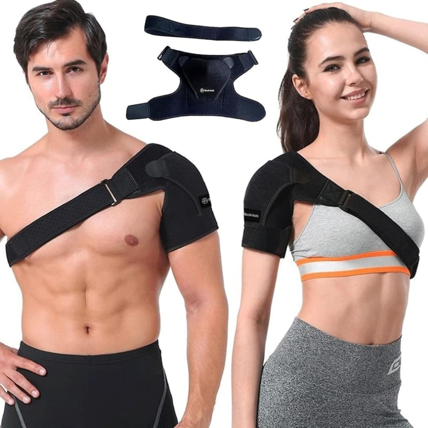 BODVITALS Shoulder Support Brace | Compression Shoulder Brace with Pressure Pad for Men, Women | Adjustable Fit Shoulder Sleeve Wrap | Stabilizer Brace for Support, Right/left (Black, One Size)