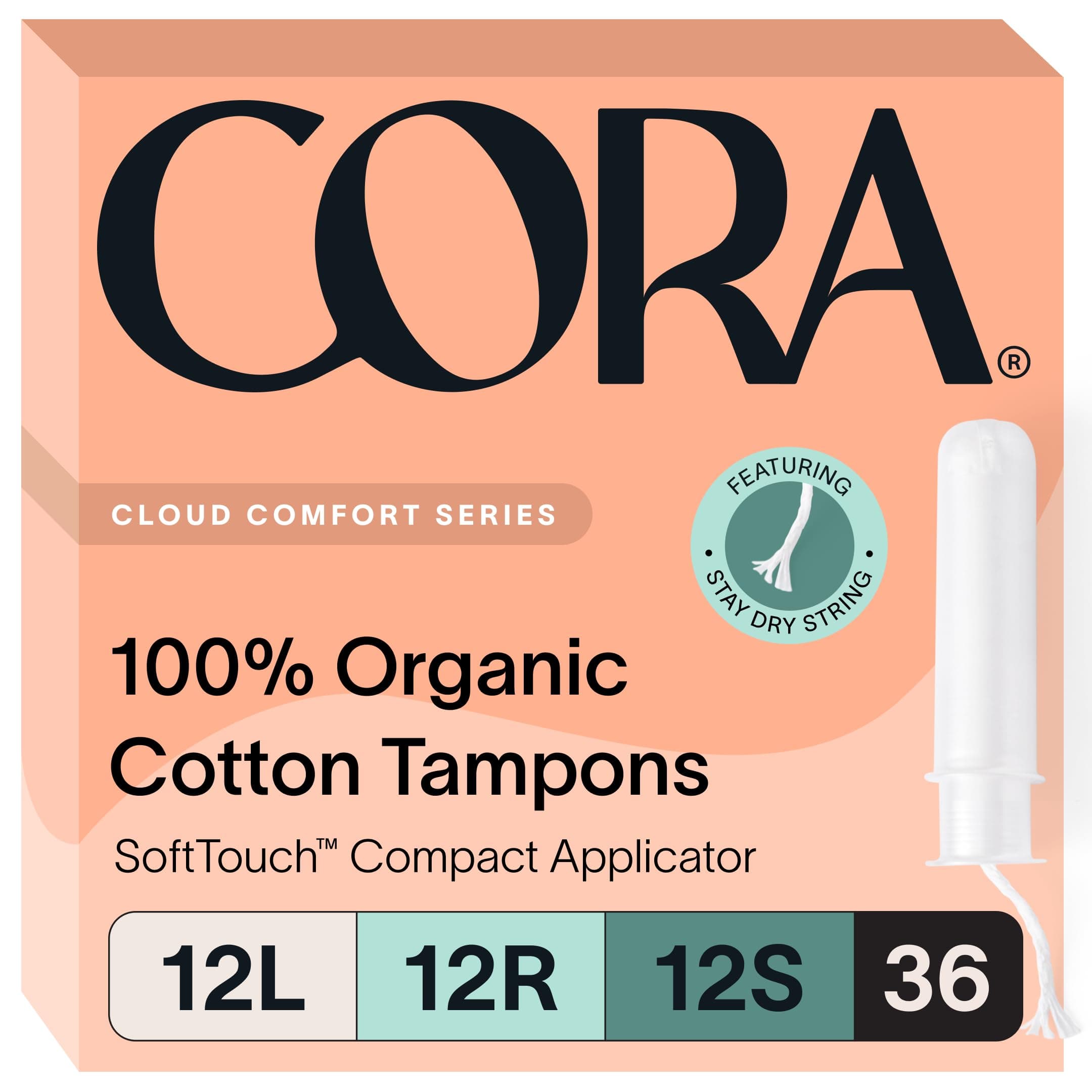 Cora Organic Tampons Multipack (12 Light, 12 Regular, 12 Super Tampons)