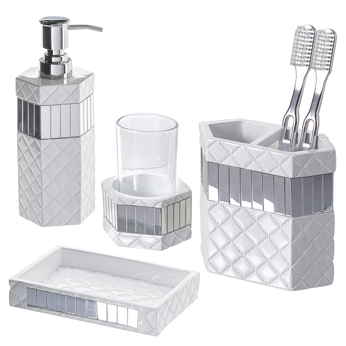 White Bathroom Accessories Set - Decorative 4 Piece Bathroom Set - Mirrored Bathroom Accessory Set Includes: Soap Dispenser, Toothbrush Holder, Tumbler & Soap Dish (Quilted Mirror)