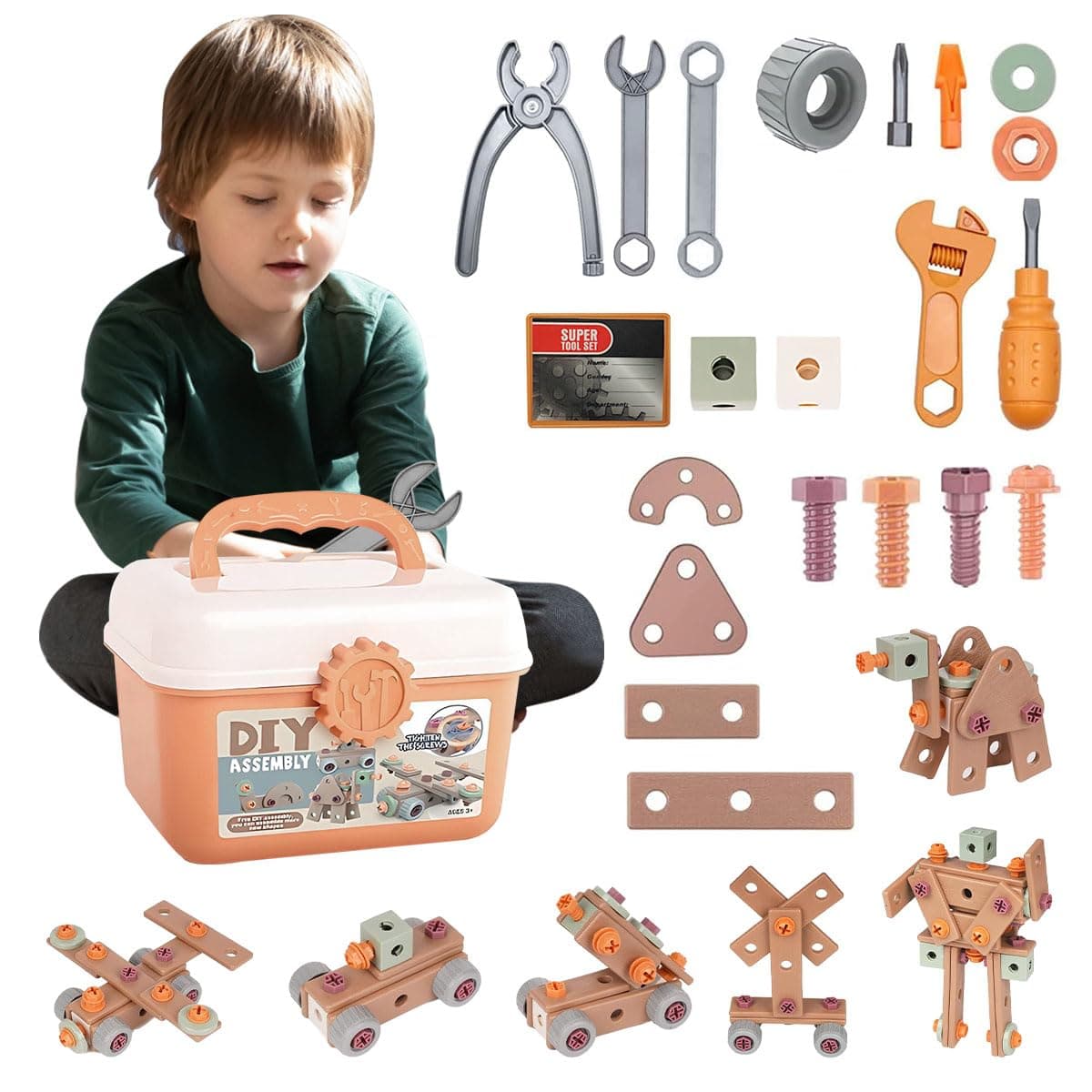 Kids Tool Set 120Pcs Toddler Tool Kit with Storage Box, Construction Take Apart Toy DIY Screw Puzzle Assembly Montessori Educational Preschool Baby Pretend Play Toy Birthday Gift for Boy Girl Ages 3-6