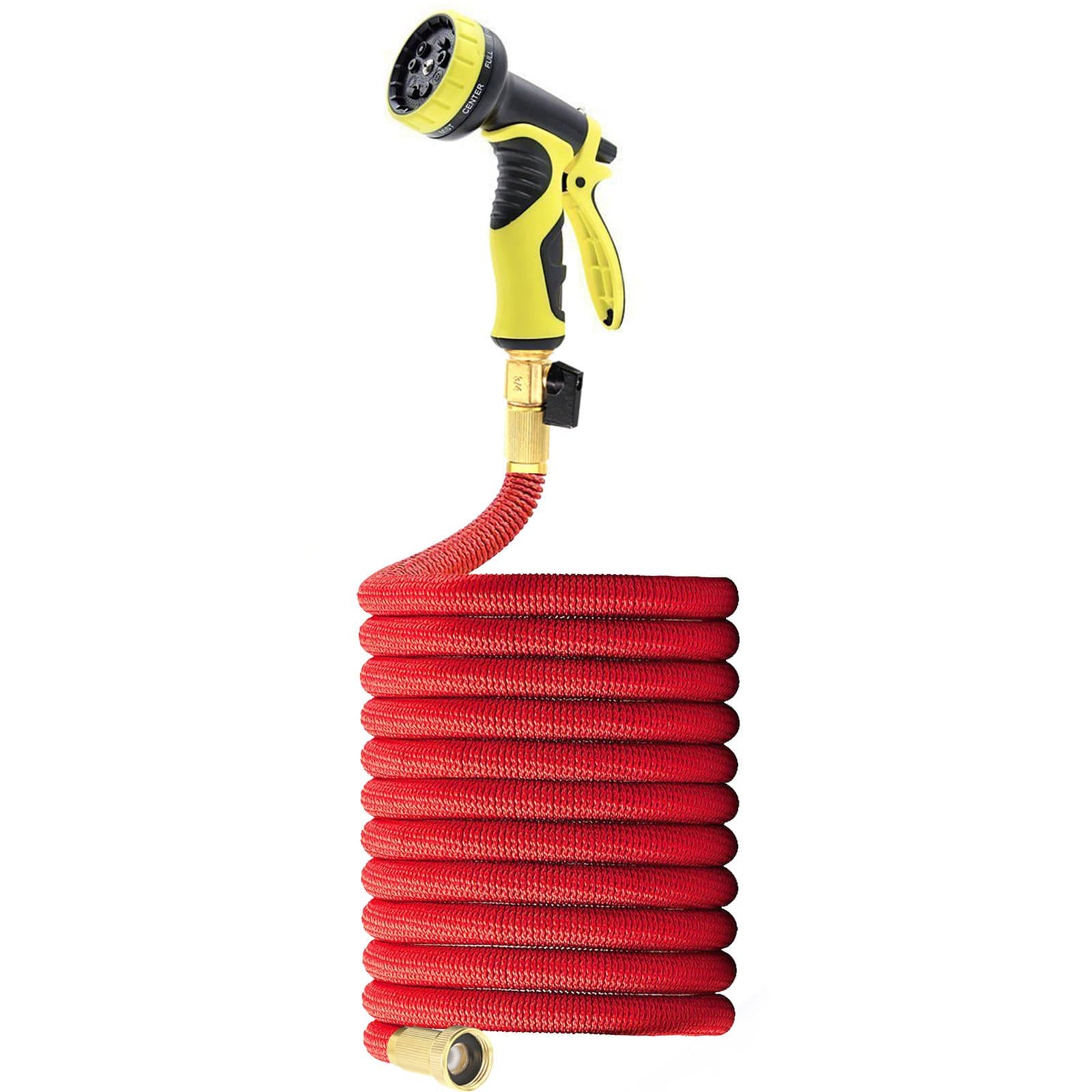 MpingT 75ft Hose, Solid Brass Ends, Double Latex Core, Extra Strength Fabric, 8 Function Spray Nozzle and Shut-Off Valve Red