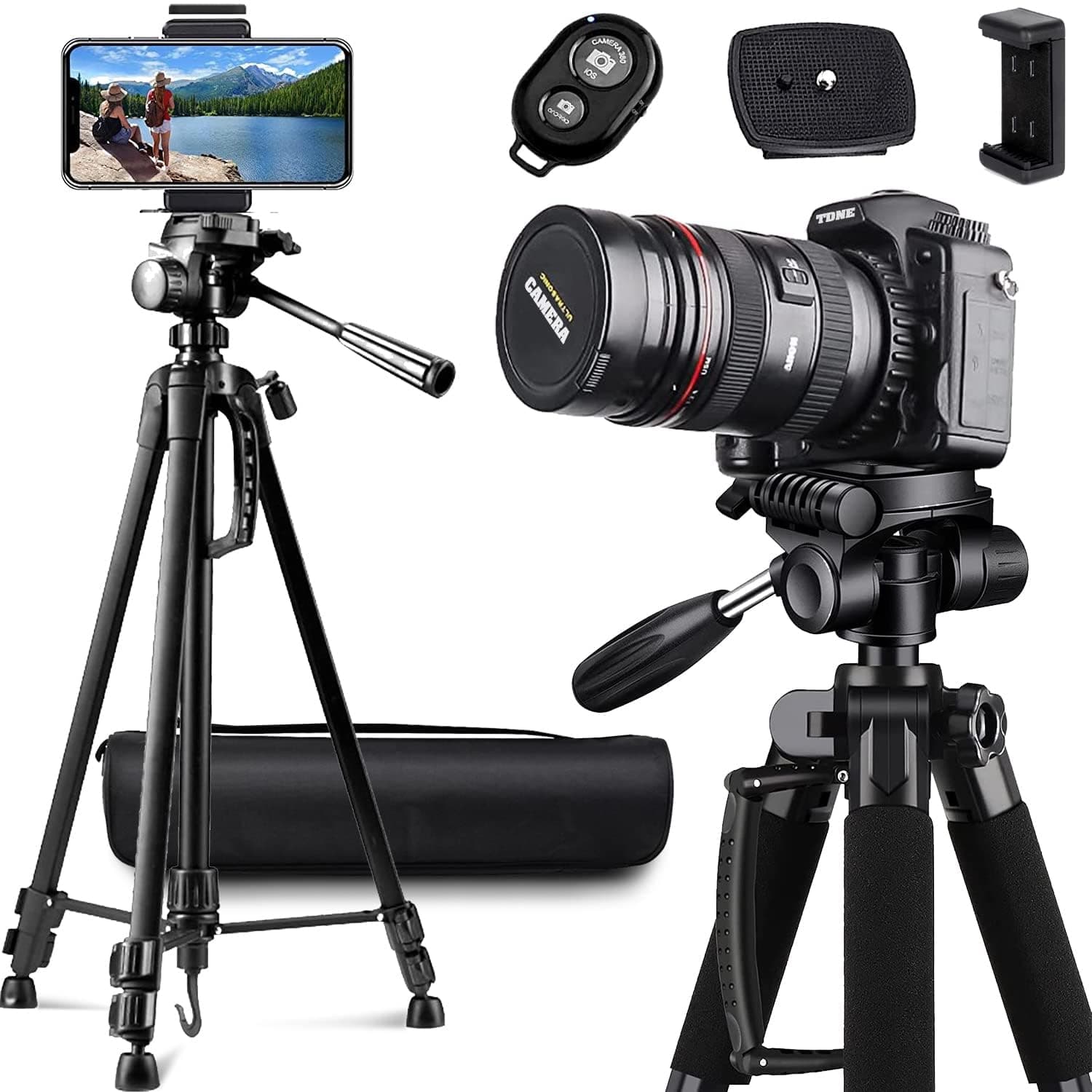 170CM Aluminum Tripod for Camera Mobile, 360°Panoramic Shot Camera Stand with Carry Bag & Wireless Remote & Phone Holder, Compatible with iPhone, Dslr Tripod, Projector, Spotting Scopes