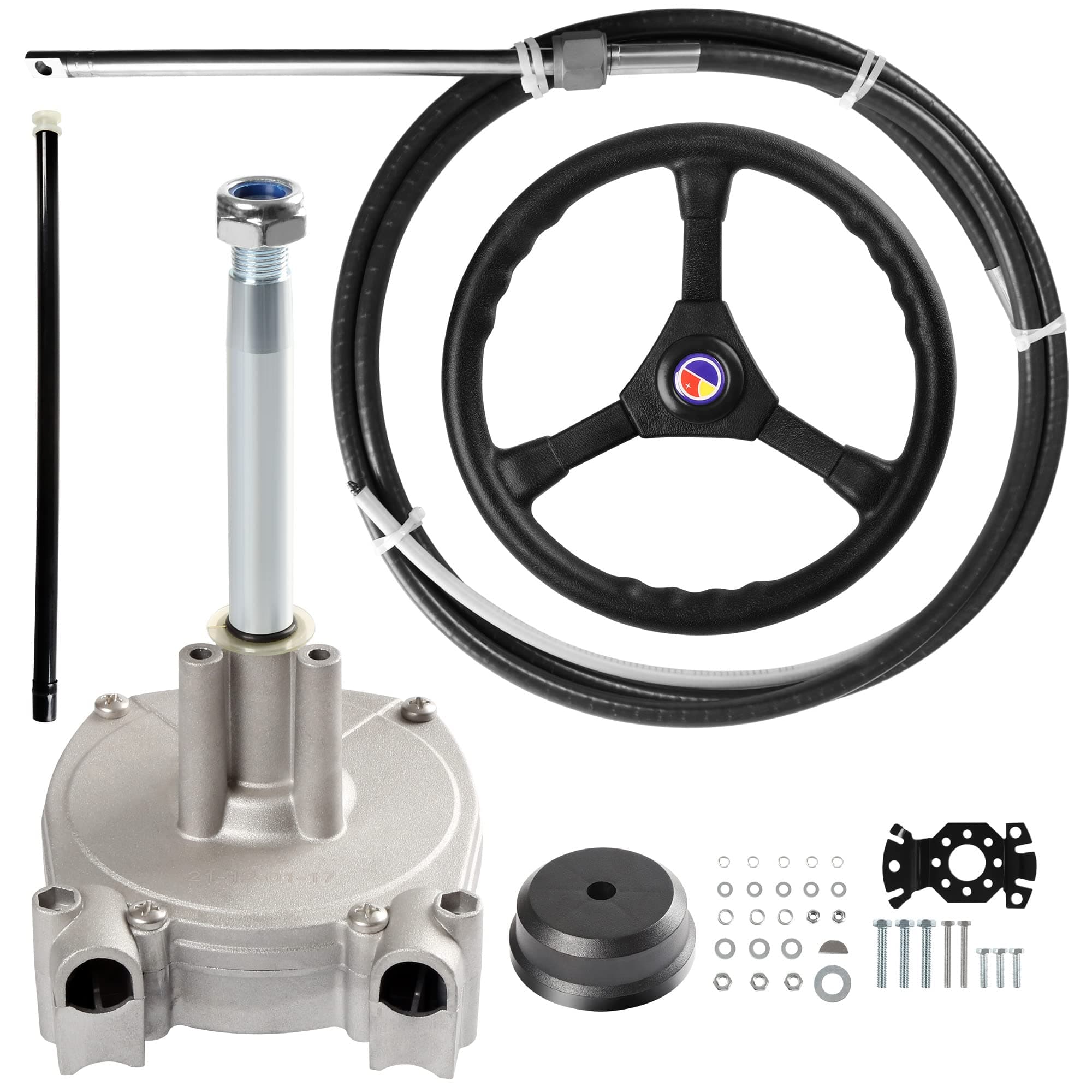BBH Outboard Steering System Mechanical Boat Rotary Steering Kit with 12 Feet Outboard Steering Cable,3/4 Tapered Shaft,13.5 Inch Wheel, Gear Steering System