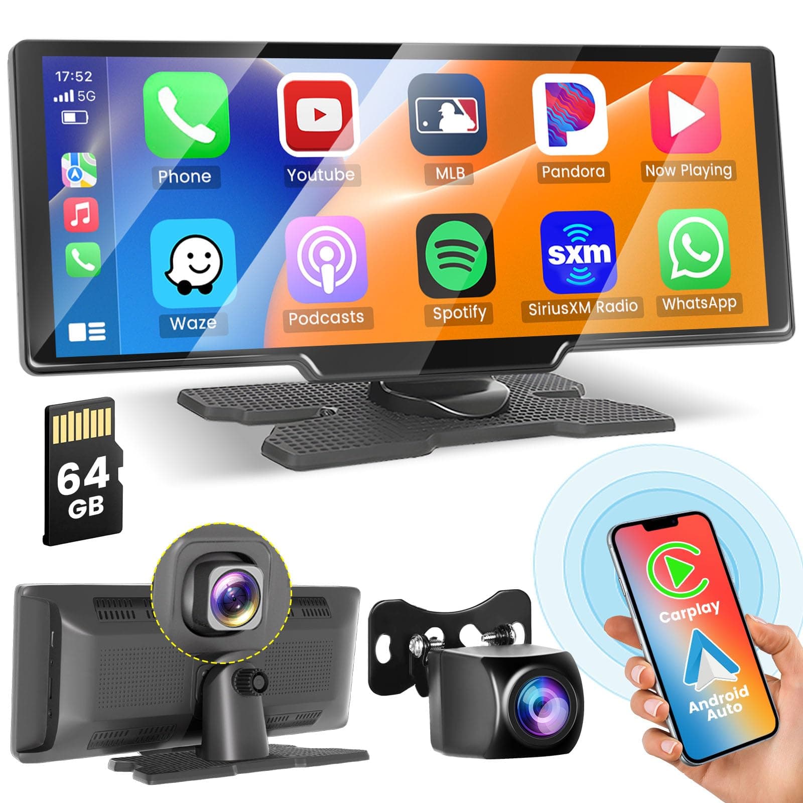 Hikity Wireless Carplay Touchscreen with 2.5K Dash Cam, 9.3 Inch Portable Android Auto CarPlay Unit Car Radio with 1080P Backup Camera 64G TF WiFi Video Airplay Voice Control