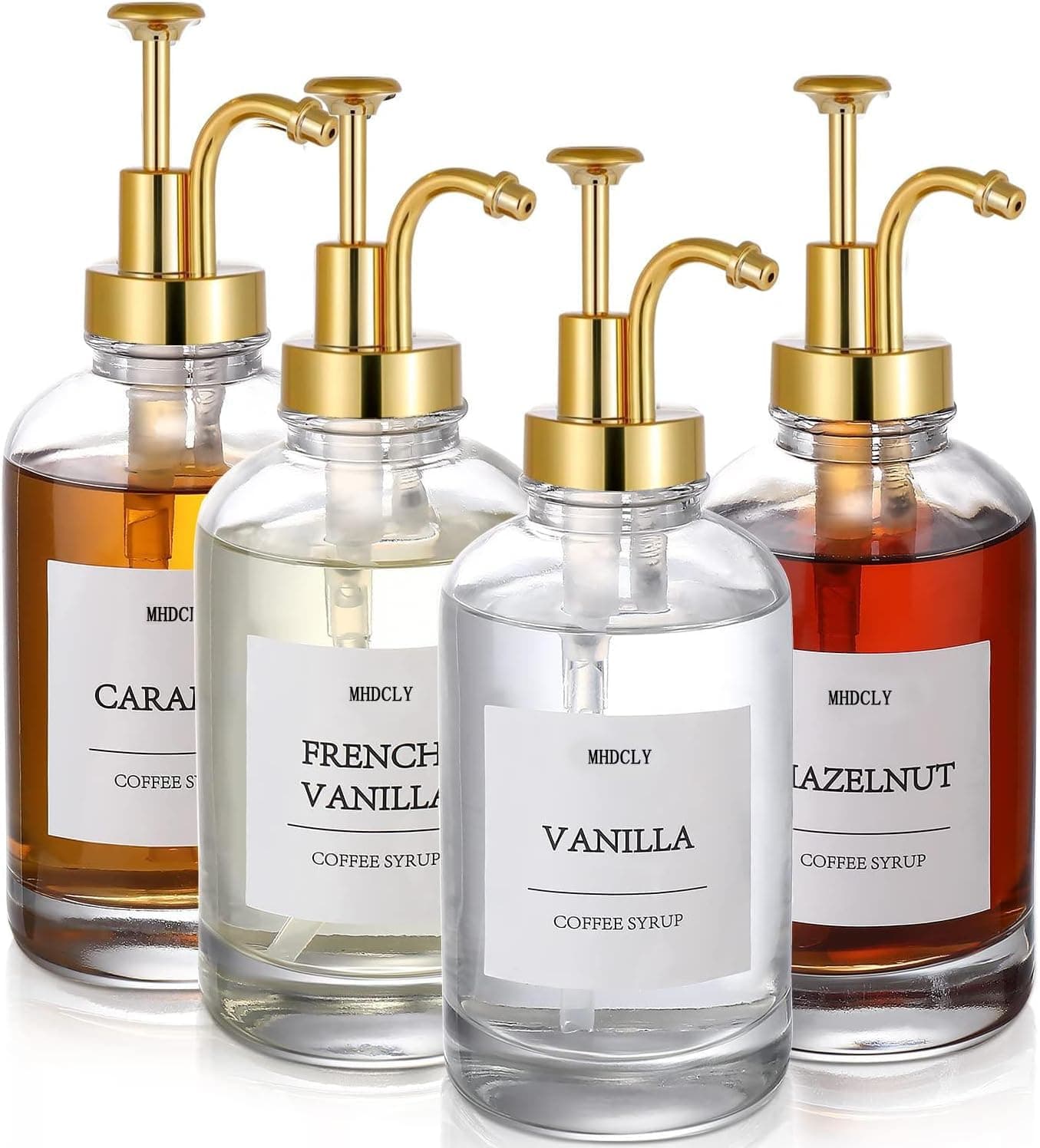 Coffee Bar Accessories - 4 Pack 16.9oz Syrup Dispenser with Labels, Gold Pump