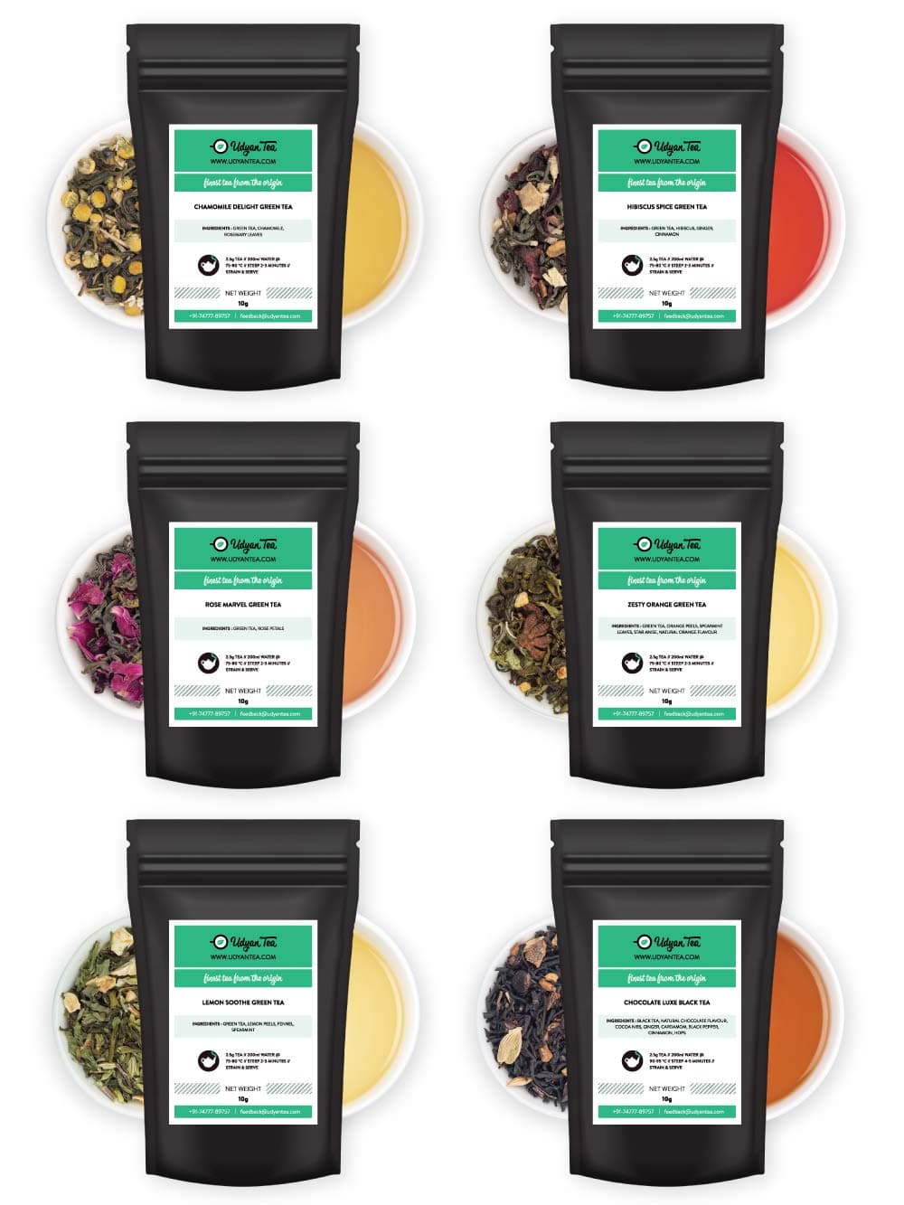 Udyan Tea Floral and Fruit Tea Sampler , 10 g Each - Pack of 6 Varieties