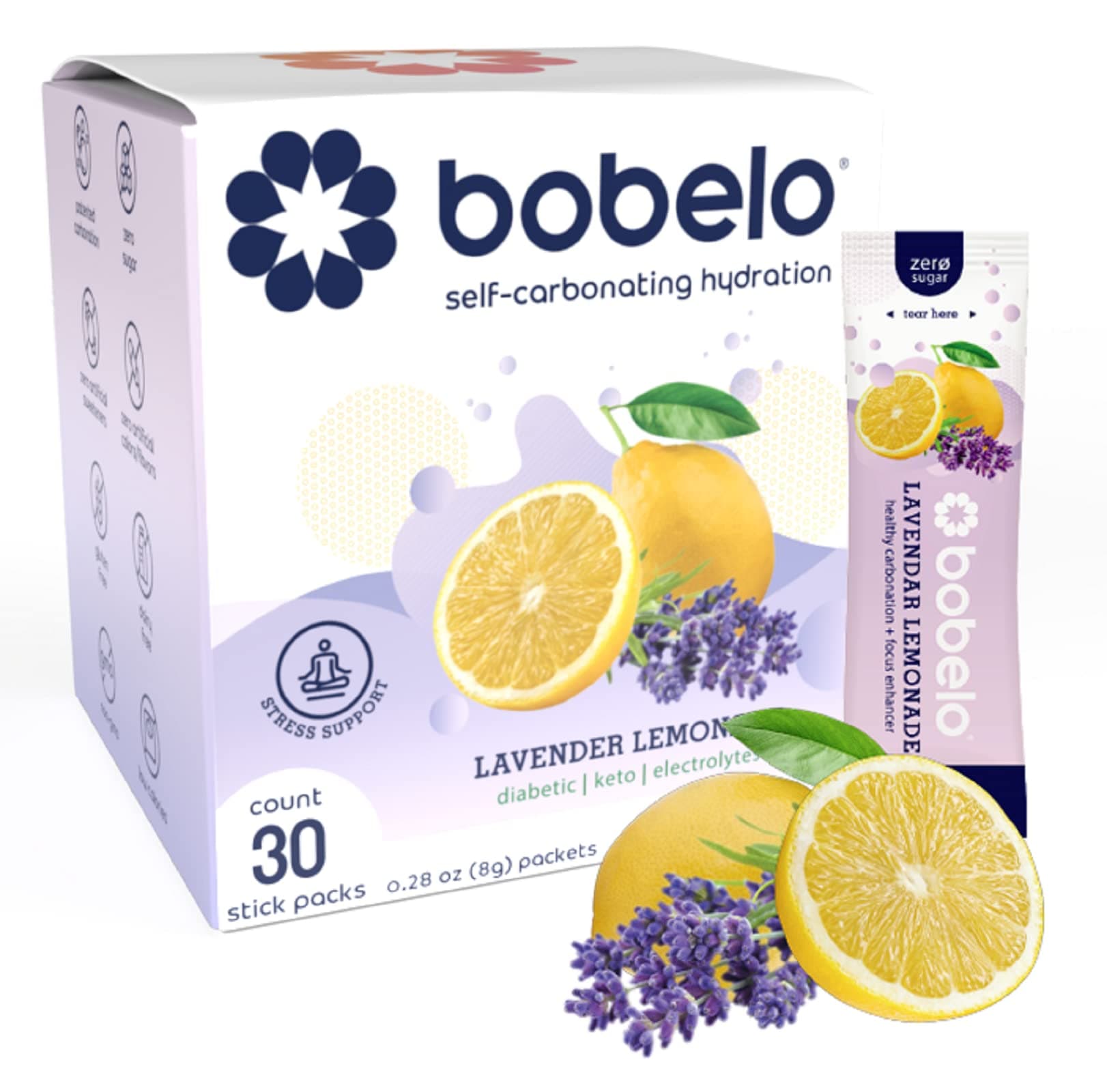 Bobelo Self Carbonating Hydration Packets, Lavender Lemonade, 30 Pack, Sparkling Water & Soda Alternative, Sugar Free Electrolytes Powder Packets, Water Enhancer Drink Mix, Low Calorie, Keto Friendly