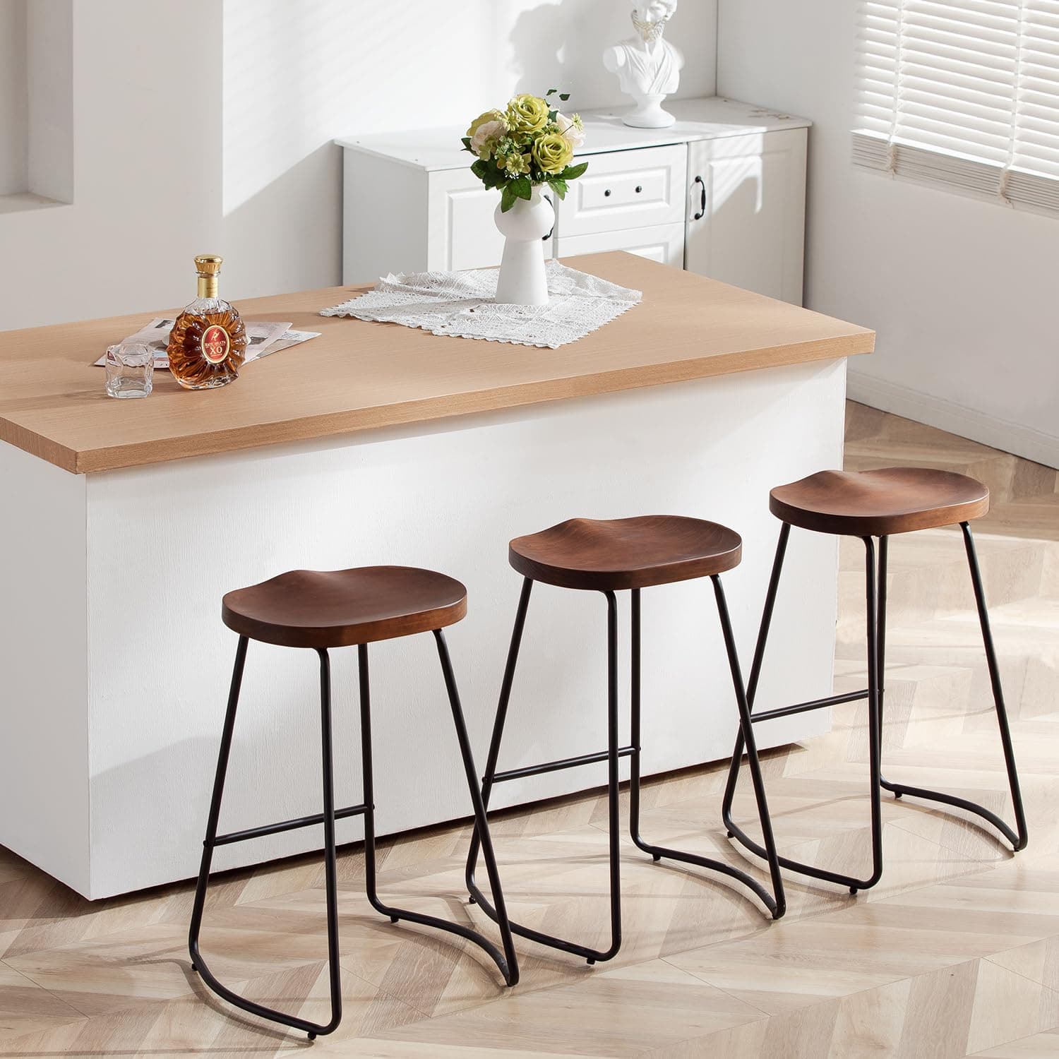 HeuGah Bar Stools Set of 3, Solid Wood Counter Height Bar Stools 26 Inch Barstool Chair for Kitchen Island Rustic Saddle Seat Backless Stools with Metal Leg (Walnut, 3 PCS 26Inch Counter Stools)