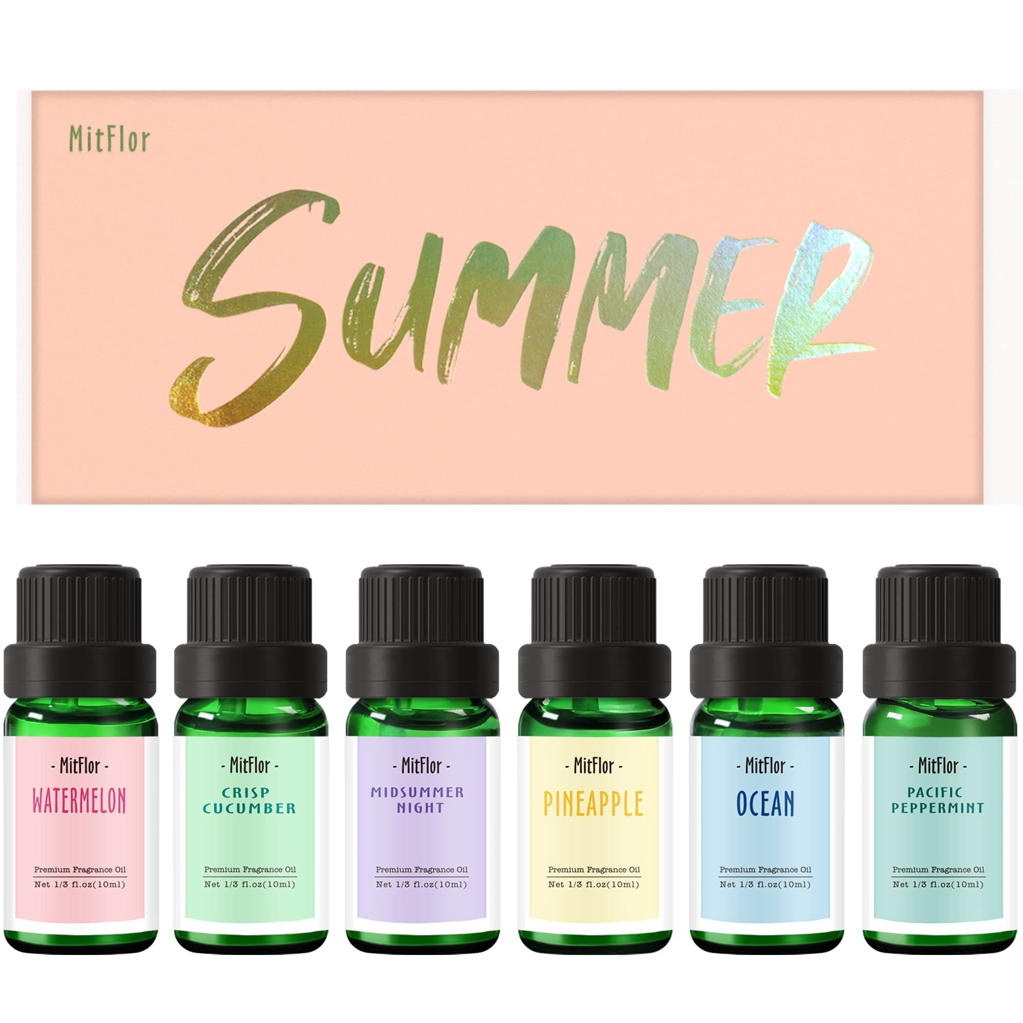 Summer Essential Oils for Diffusers for Home, MitFlor Fragrance Oil Set, Soap & Candle Making Scents, 6x10ml with Ocean, Midsummer Night, Pineapple and More, Aromatherapy Diffuser Oil Gift Set