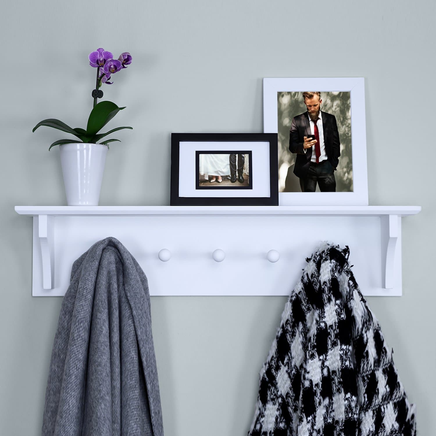 - Ballucci Floating Coat and Hat Wall Shelf Rack, 5 Pegs Hook, 24", White