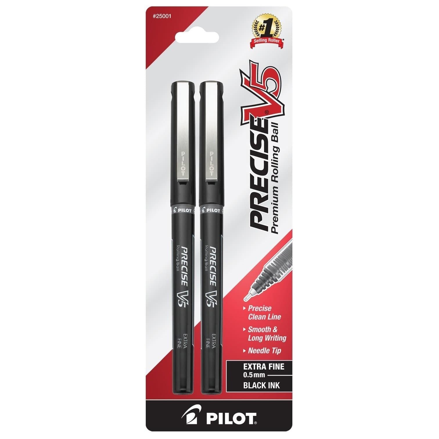 PILOT Precise V5 Stick Liquid Ink Rolling Ball Stick Pens, Extra Fine Point (0.5mm) Black Ink, 2-Pack (25001)