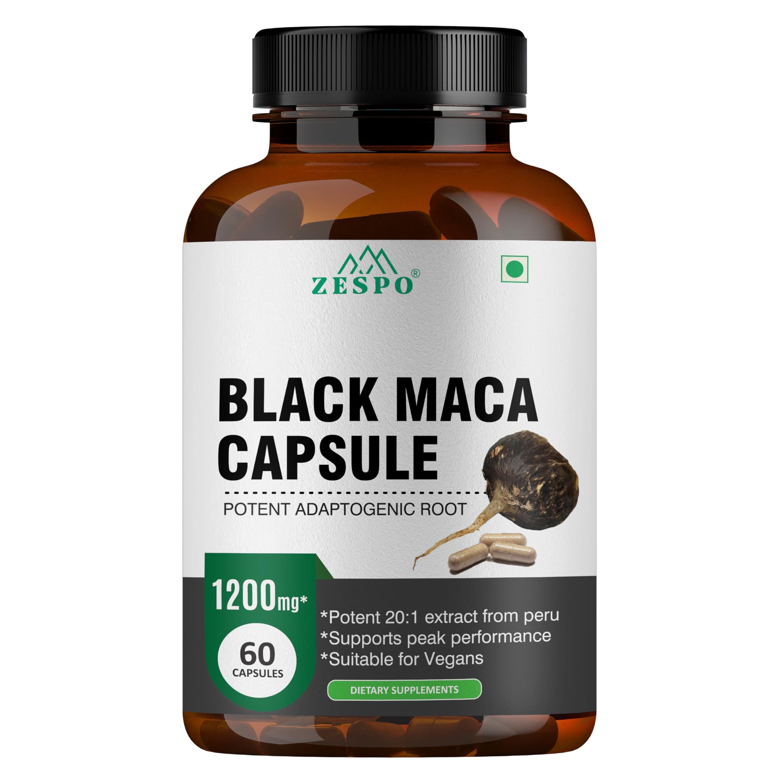 ZESPO Black Maca Root Extract 1200mg - Premium 20:1 Peruvian Adaptogen - Performance & Energy Booster - Vegan-Friendly