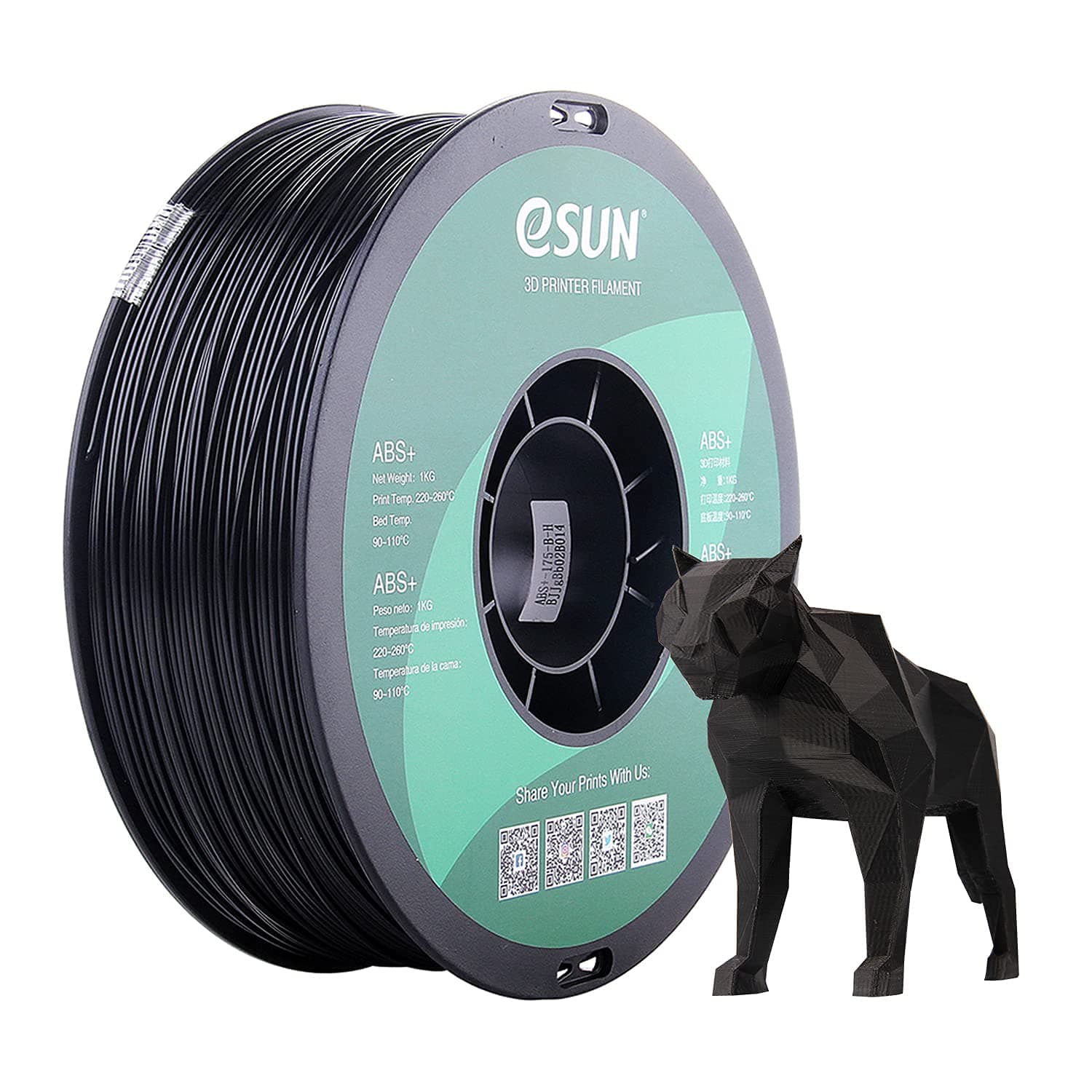 eSUN 1.75mm Black ABS+ 3D Printer Filament 1kg Spool (2.2lbs), Black
