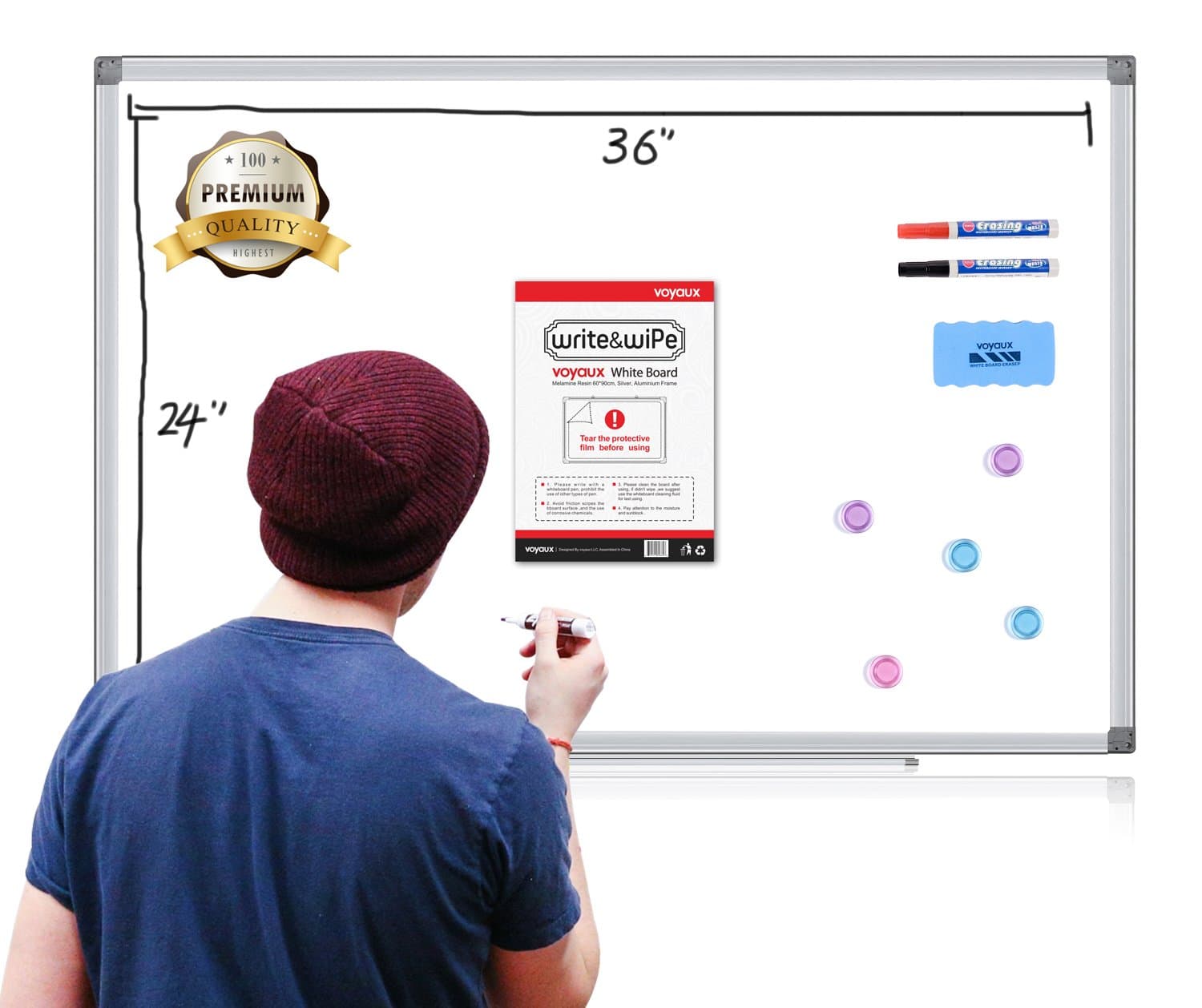 Dry Erase Board, White Board Silver Aluminum Frame, 36 x 24 Inches, Megnetic Board & Office Accessories(BONUS 2 Marker Pens,1 Whiteboard Pen& Pen Tray, 5 Pack Magnets & Eraser)