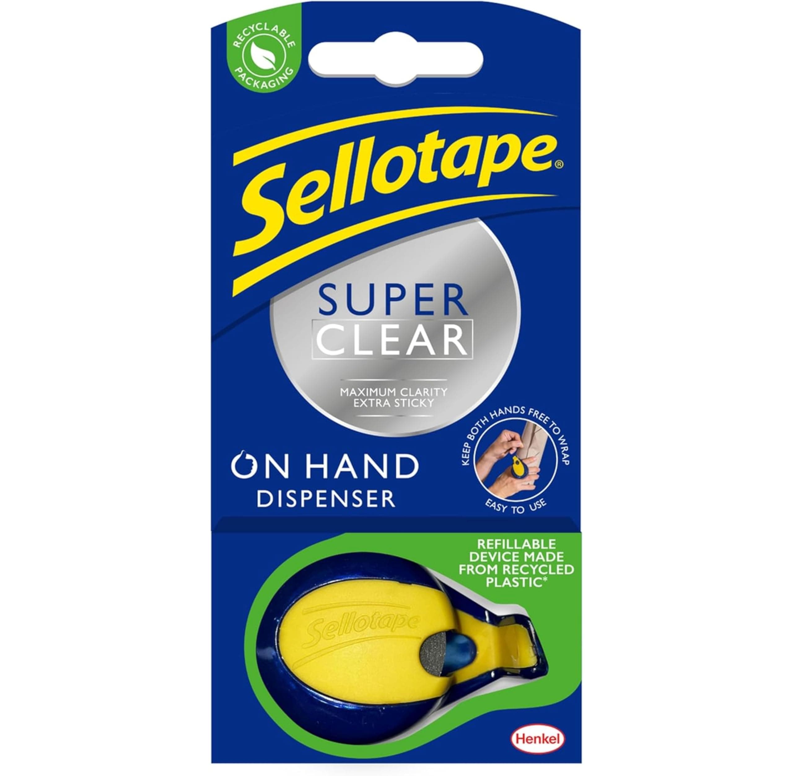 Sellotape Oh-Hand Dispenser with Super Clear Tape, Practical Sticky Adhesive Tape for Maximum Clarity, Tape Dispenser with Strong Tape for gift wrapping - Includes Single Roll (18mm x 15m)