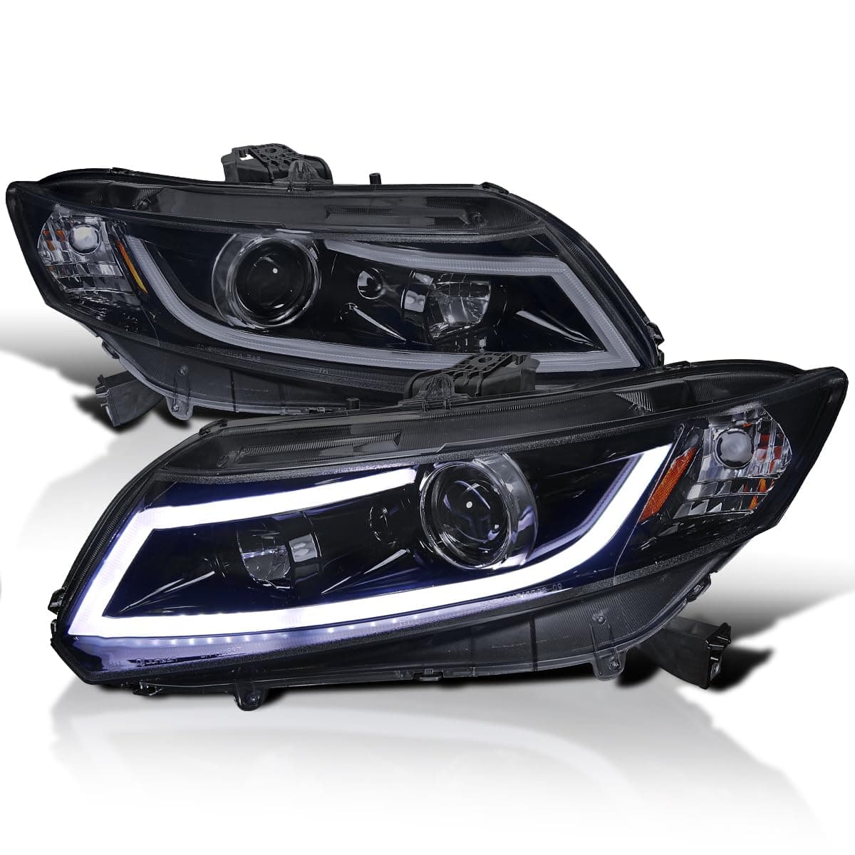 Glossy Black Smoke Projector Headlights W/LED Light Bar Compatible with 2012-2013 Honda Civic Coupe, 2012-2015 Honda Civic Sedan, Left + Right Pair Headlamps Assembly