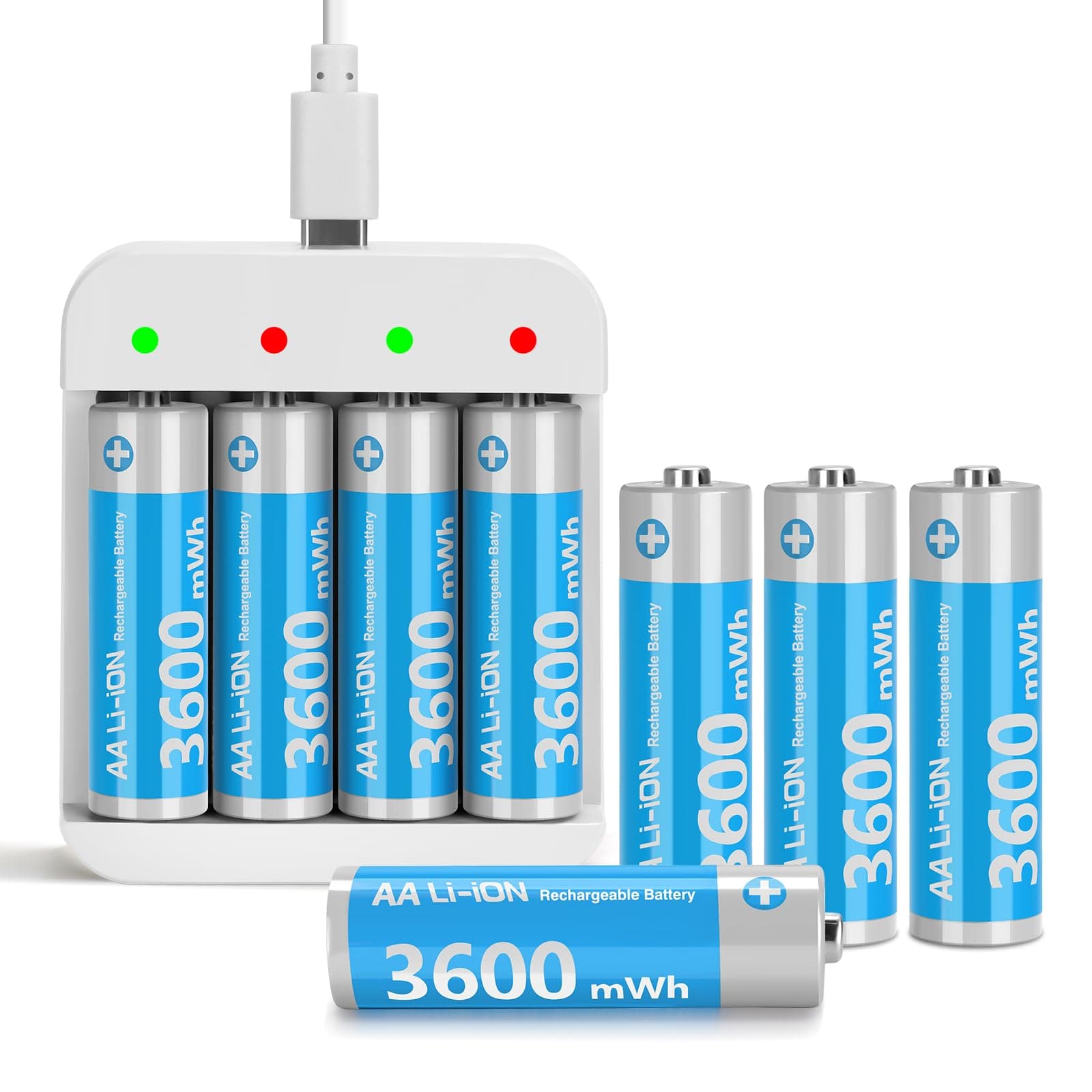 Rechargeable Lithium AA Batteries 8 Pack AA 1.5V Size Li-ion Batteries for Blink Camera,Double A Battery 3600mWh with 2H Fast Charge,Long-Lasting AA Batteries(4 Independent Slot)
