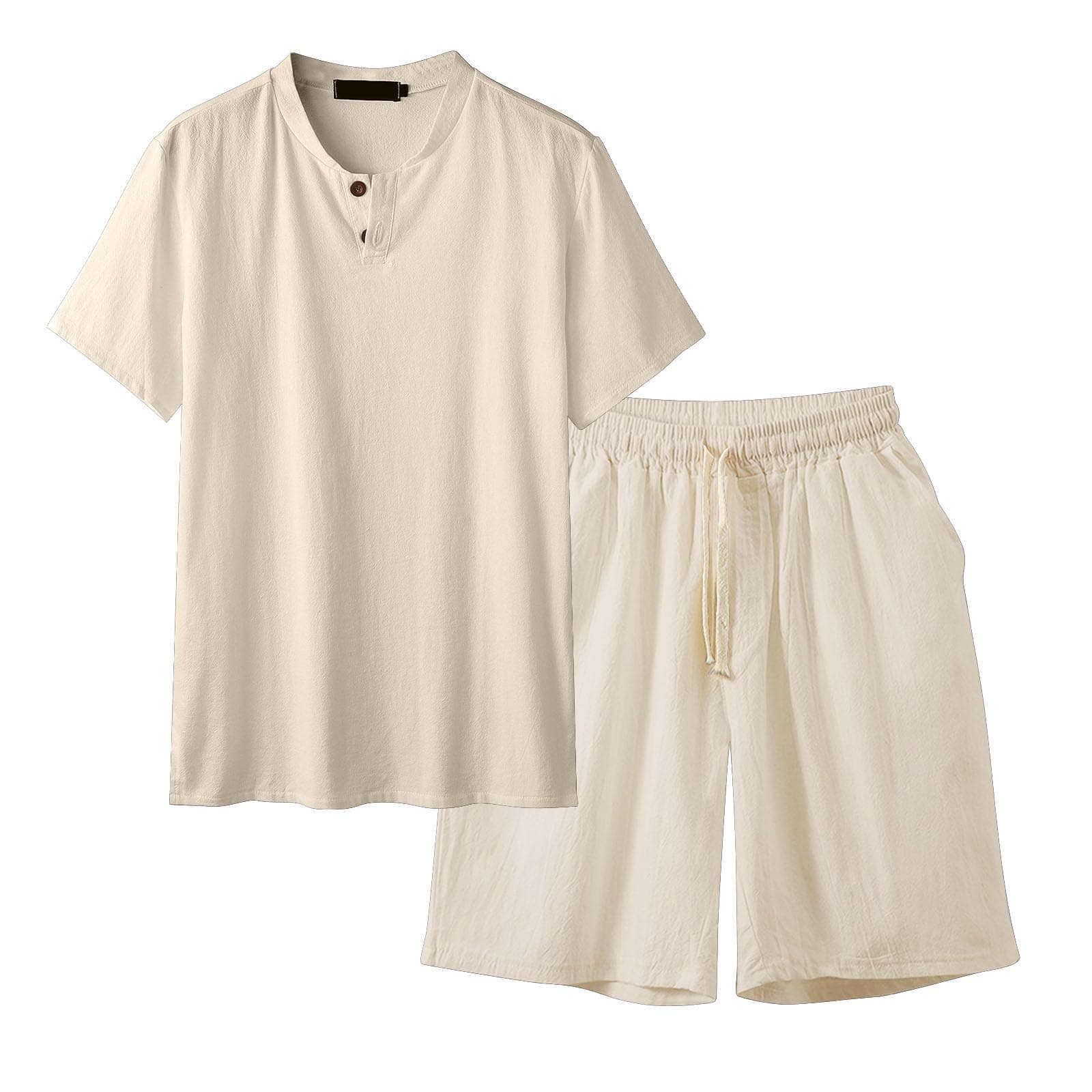 RCESSDFashion Cotton Linen Oversized Short Set for Men Two Piece Outfits Lightweight Breathable Short Sleeve Tees and Shorts