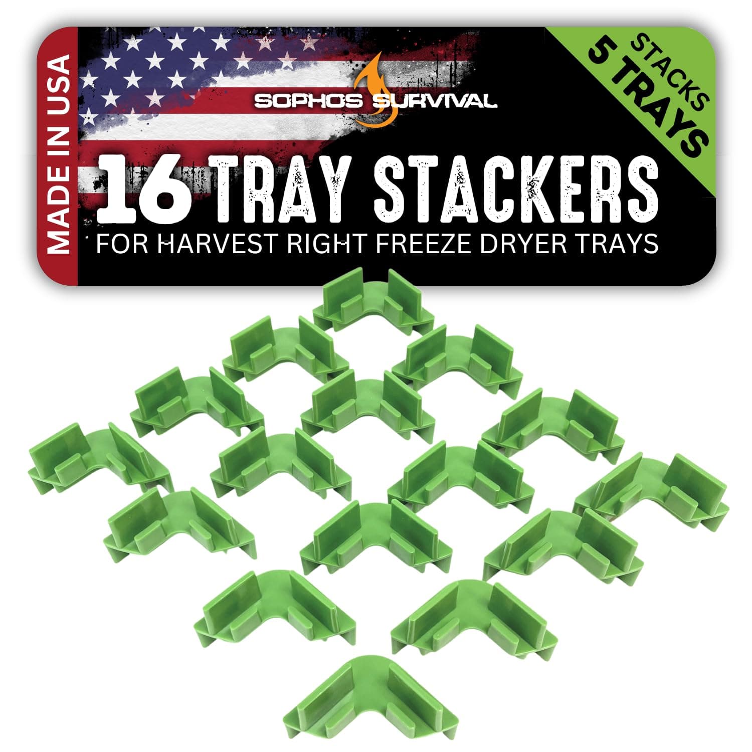16 Pc Original Tray Stackers for Harvest Right Freeze Dryer Trays – Stacks 5 Trays – Green - Freeze Dryer Machine Accessories – Freeze Dried Food Storage - Made in USA