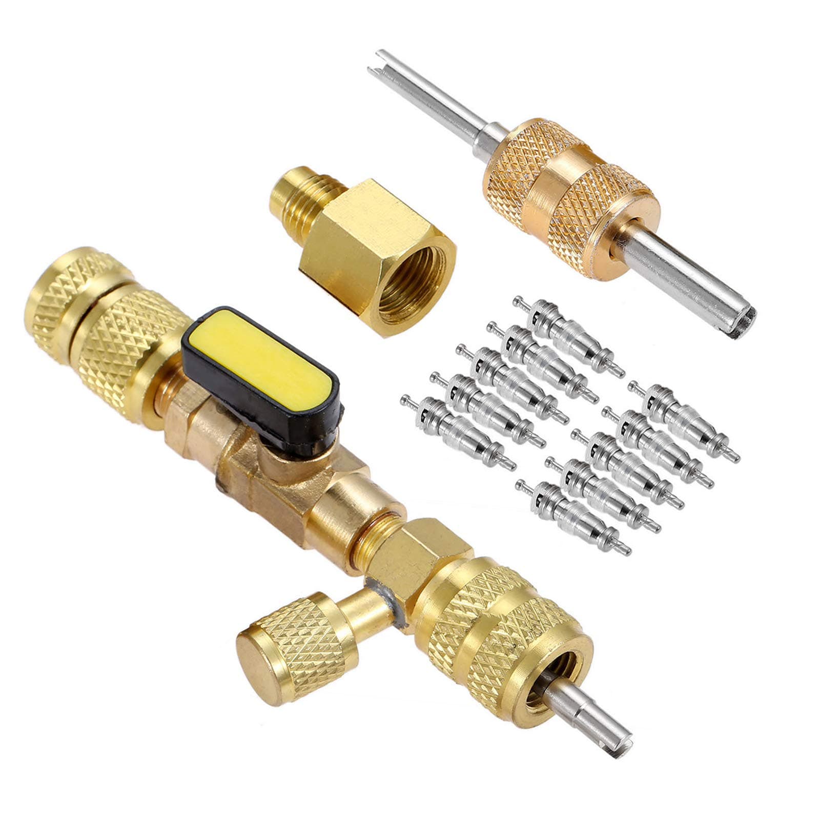 R410A R22 Valve Core Remover Installer Tool with Dual Size SAE 1/4 & 5/16 Port for R404A R407C R134A R12 R32 HVAC System, with 10PCS 5v1 Valve Cores and Double Head Valve Core Remover