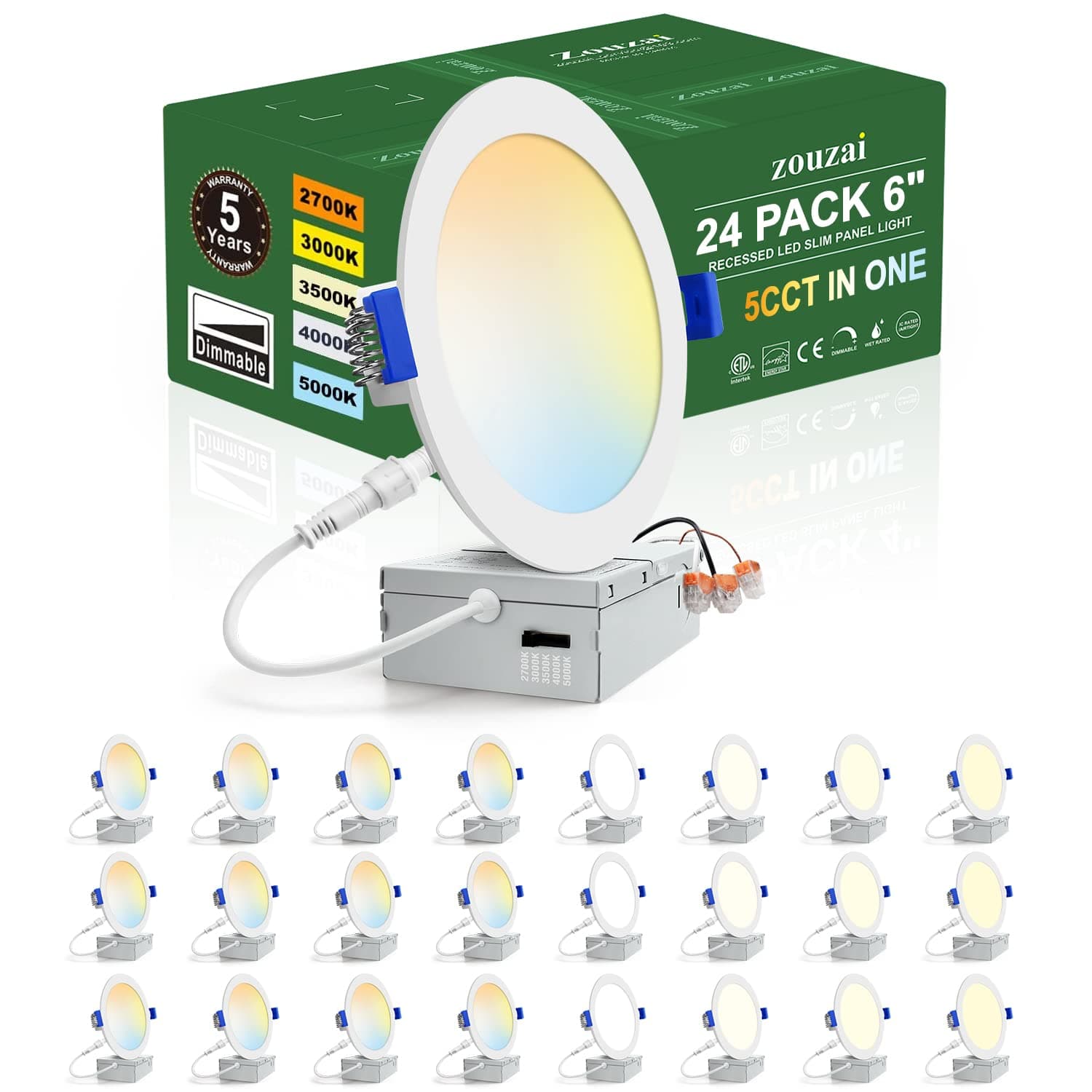 zouzai 24 Pack 6 Inch Ultra-Thin LED Recessed Ceiling Light with Junction Box 5CCT Adjustable Dimmable Can-Killer Downlight - ETL and Energy Star Certified (24 Pack,5CCT, 6 Inch)