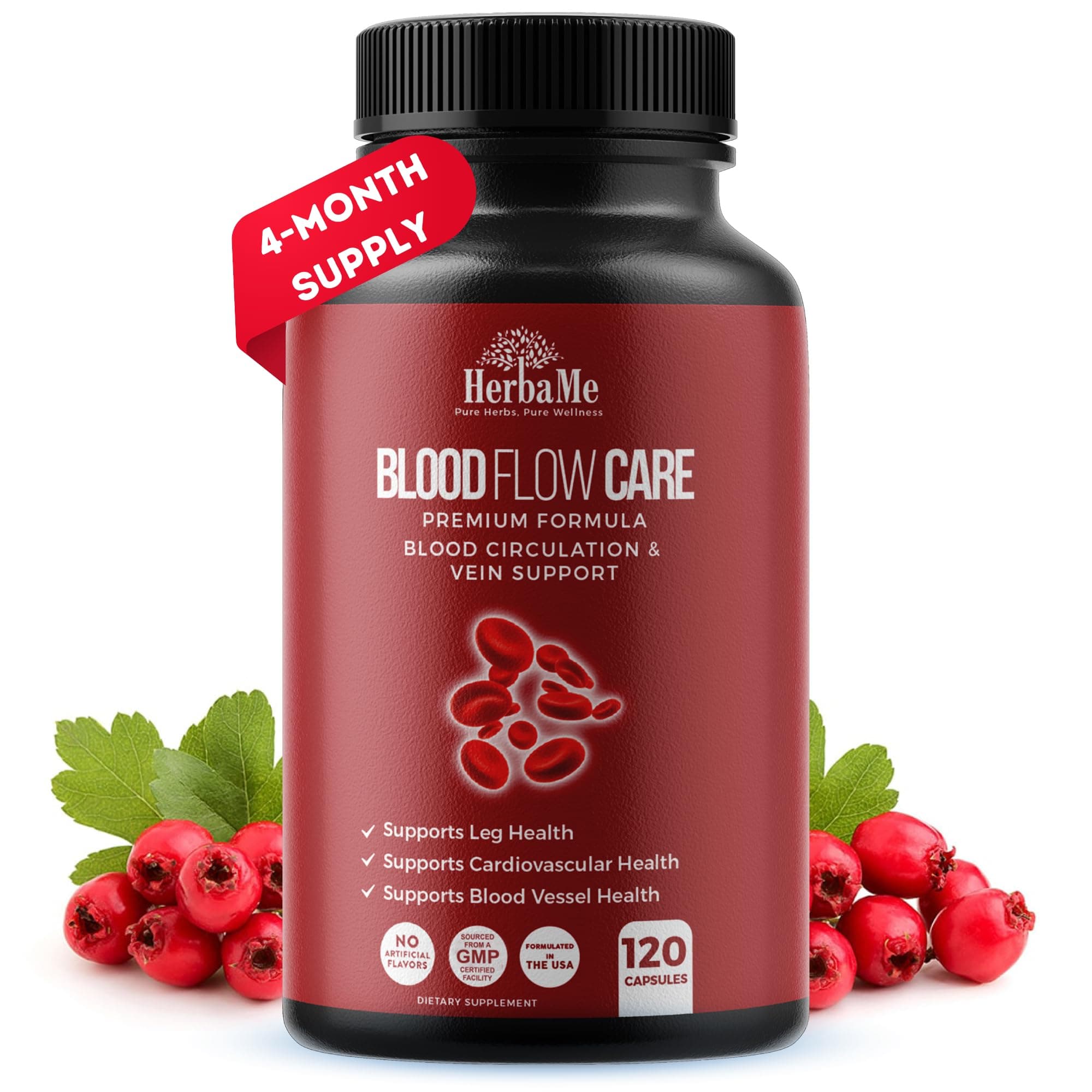 HerbaMe Blood Circulation Supplement, 120 Capsules, Supports Leg Vein, Heart, Vessels and Cardiovascular Health with Niacin, L-Arginine, Ginger, Cayenne Pepper, Hawthorn, Diosmin, Blood Flow Pills