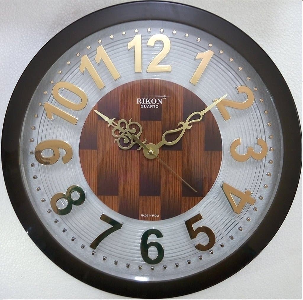 Rikon Quartz Plastic Round Shape Embossed Golden Numbers 31 cm X 31 cm Fancy Premium Home Decor Wall Clock For Home And Office R-97 (Brown)