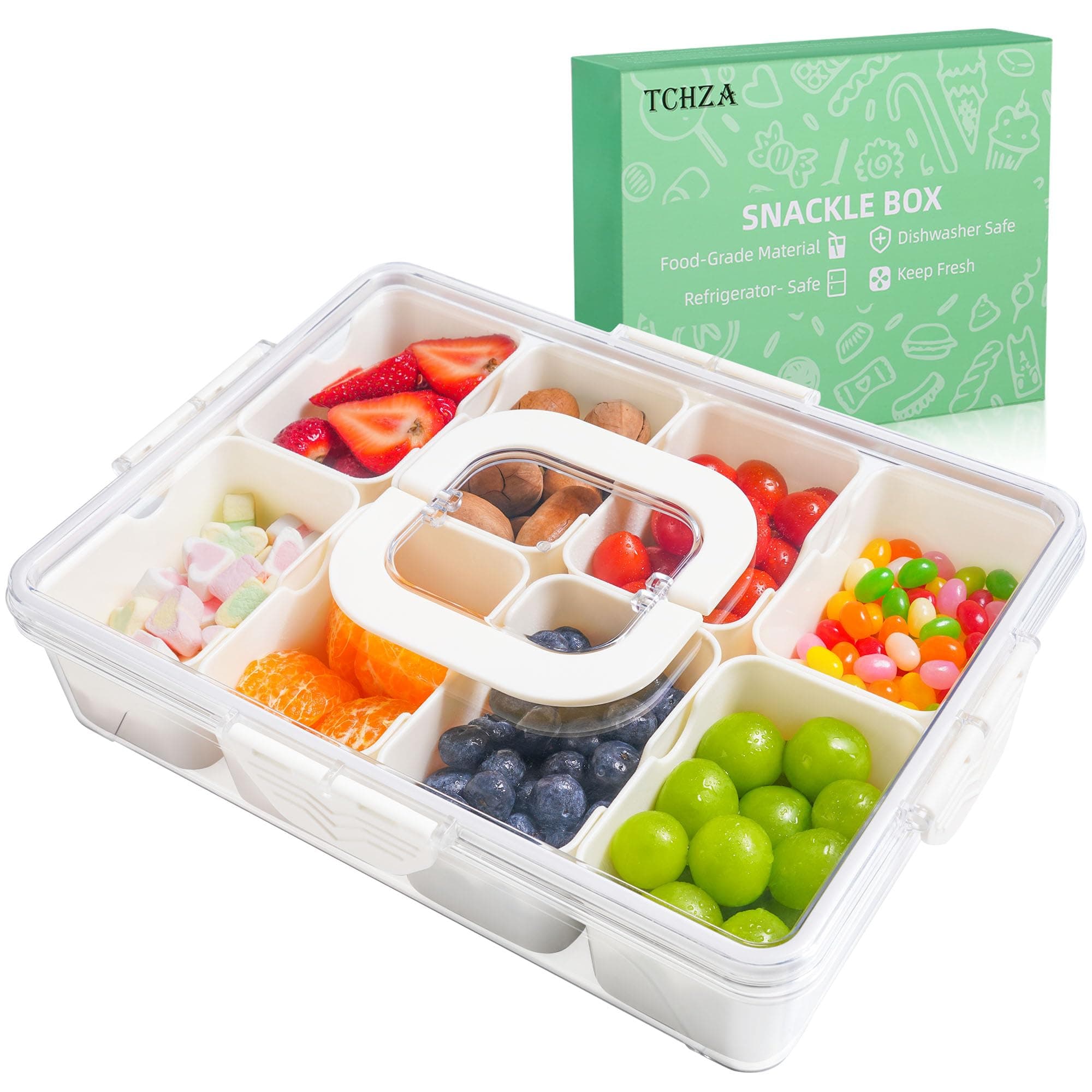 TCHZA Snackle Box Container, Dishwasher Safety - Divided Serving Tray with Lid and Handle, Charcuterie Board for Portable Snack Platters - Clear Organizer for Fruits Snacks,Perfect for Road Travel