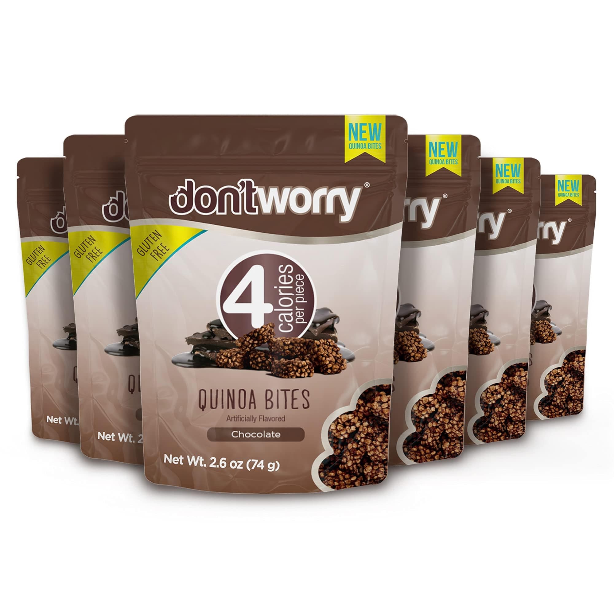 Don't Worry Chocolate Quinoa Bites - Low Calorie Snacks, Only 4 Calories per Piece, Healthy Granola Mini Bars, Low Carb Quinoa Crisps, Gluten Free Protein Snack - (Chocolate, 6 Pack)