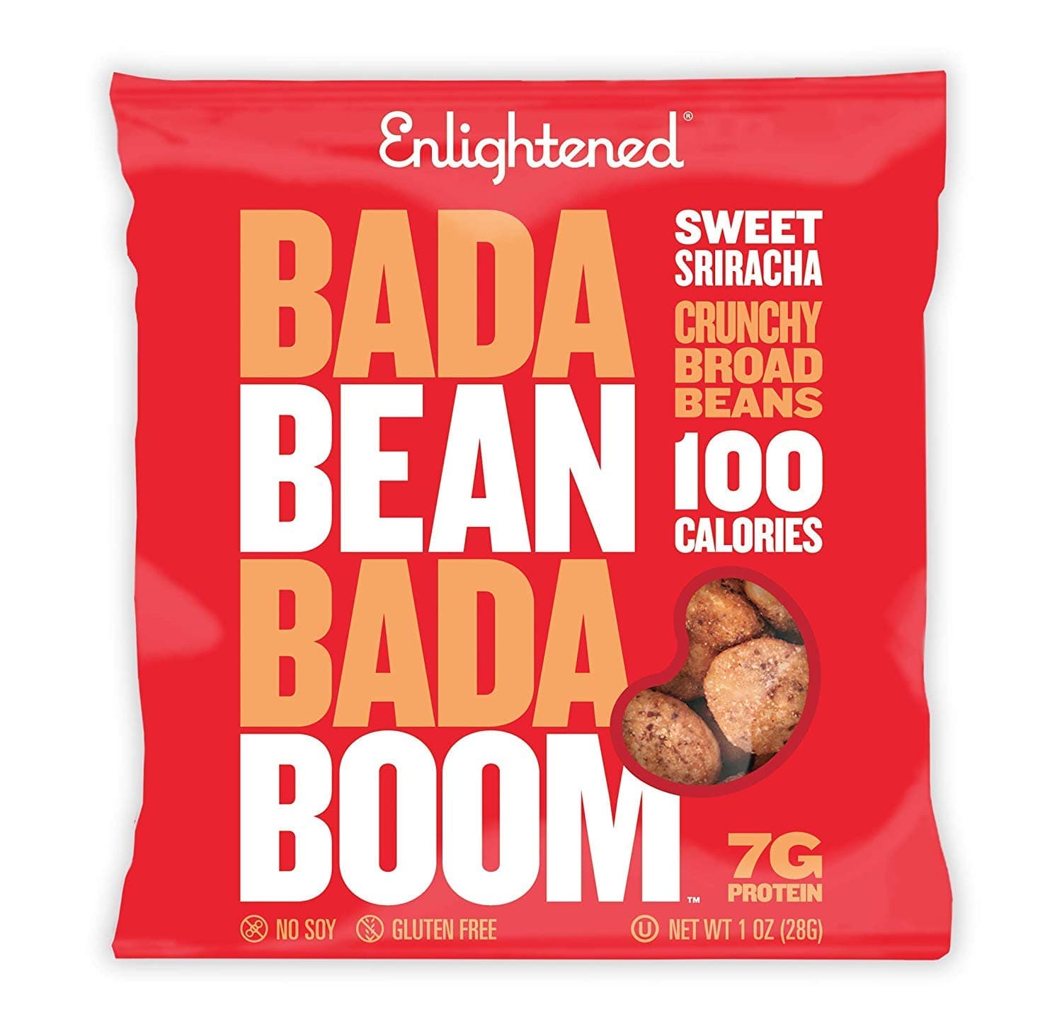 Bada Bean Bada Boom - Plant-Based Protein, Gluten Free, Vegan, Crunchy Roasted Broad (Fava) Bean Snacks, 110 Calories per Serving, Sriracha, 1 oz, 24 Pack
