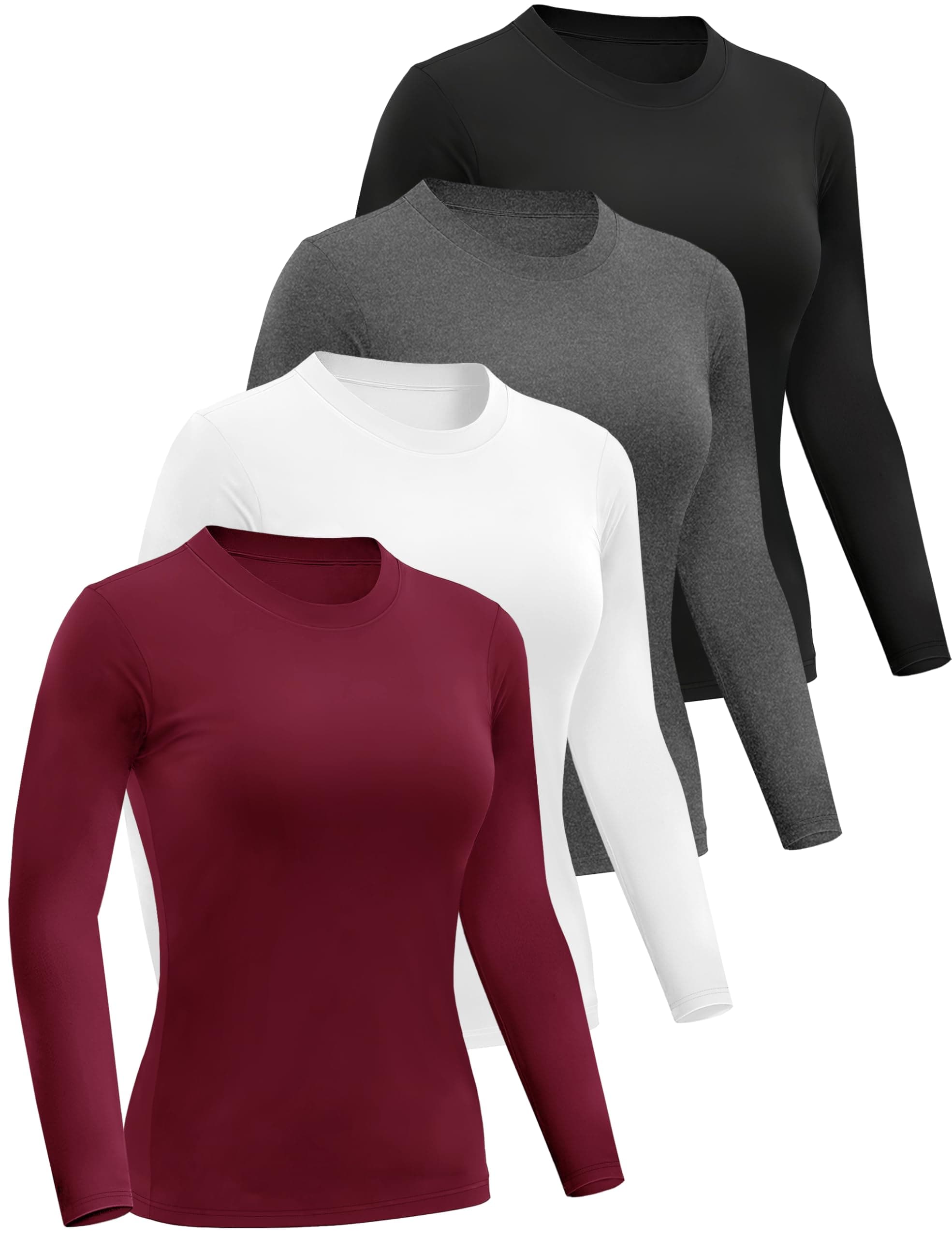 4 Pack Women’s Long Sleeve Basic Shirts Crew Neck Slim Fitted Compression Gym Workout Athletic Underscrubs Tops