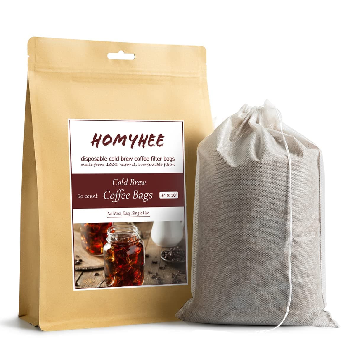 Cold Brew Coffee Bags 60 Count Disposable Fine Mesh Brewing Bags for Concentrate/Iced Coffee Maker, French/Cold Press Kit, Hot Tea in Mason Jar or Pitcher, 6 x 10 Inches