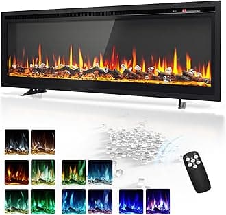 EUHOMY 50 inch Electric Fireplace Recessed Wall Mounted Freestanding with Remote Control, Ultra-thin Fireplace Heater with Adjustable Flame Color, Linear Fireplace with Timer, Log & Crystal, 750/1500W