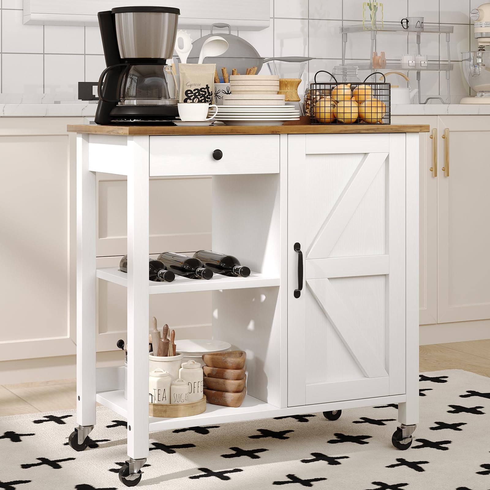 4 EVER WINNER Small Kitchen Island with Storage, Kitchen Island on Wheels with Wine Rack, Coffee Cart, Microwave Cart for Kitchen,Dining Room,White