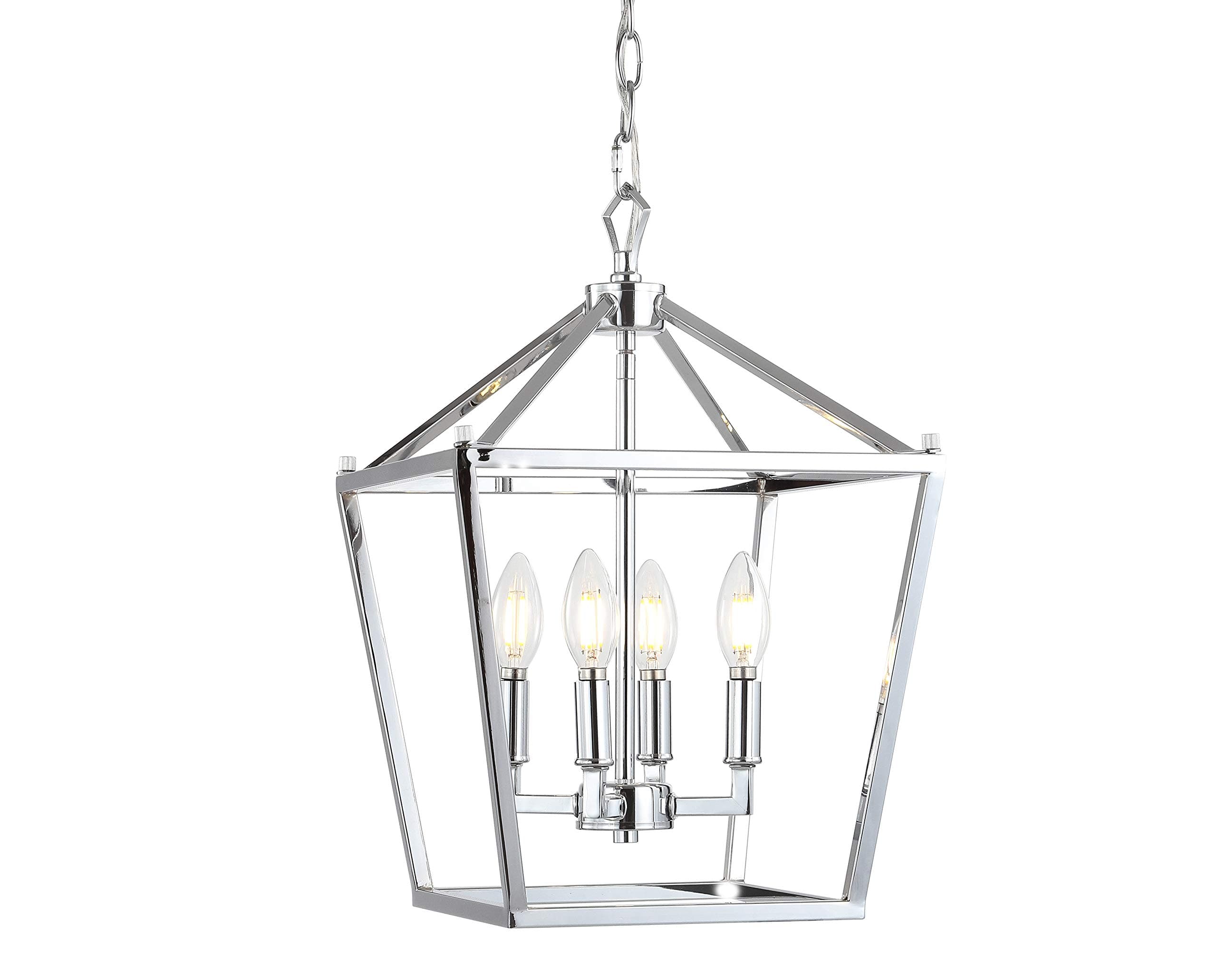 JONATHAN Y 12" Chrome Lantern Pendant Light, 1-Light Pagoda Style Metal Cage Farmhouse Hanging Ceiling Fixture for Kitchen Island, LED Bulb Included (JYL7436C)