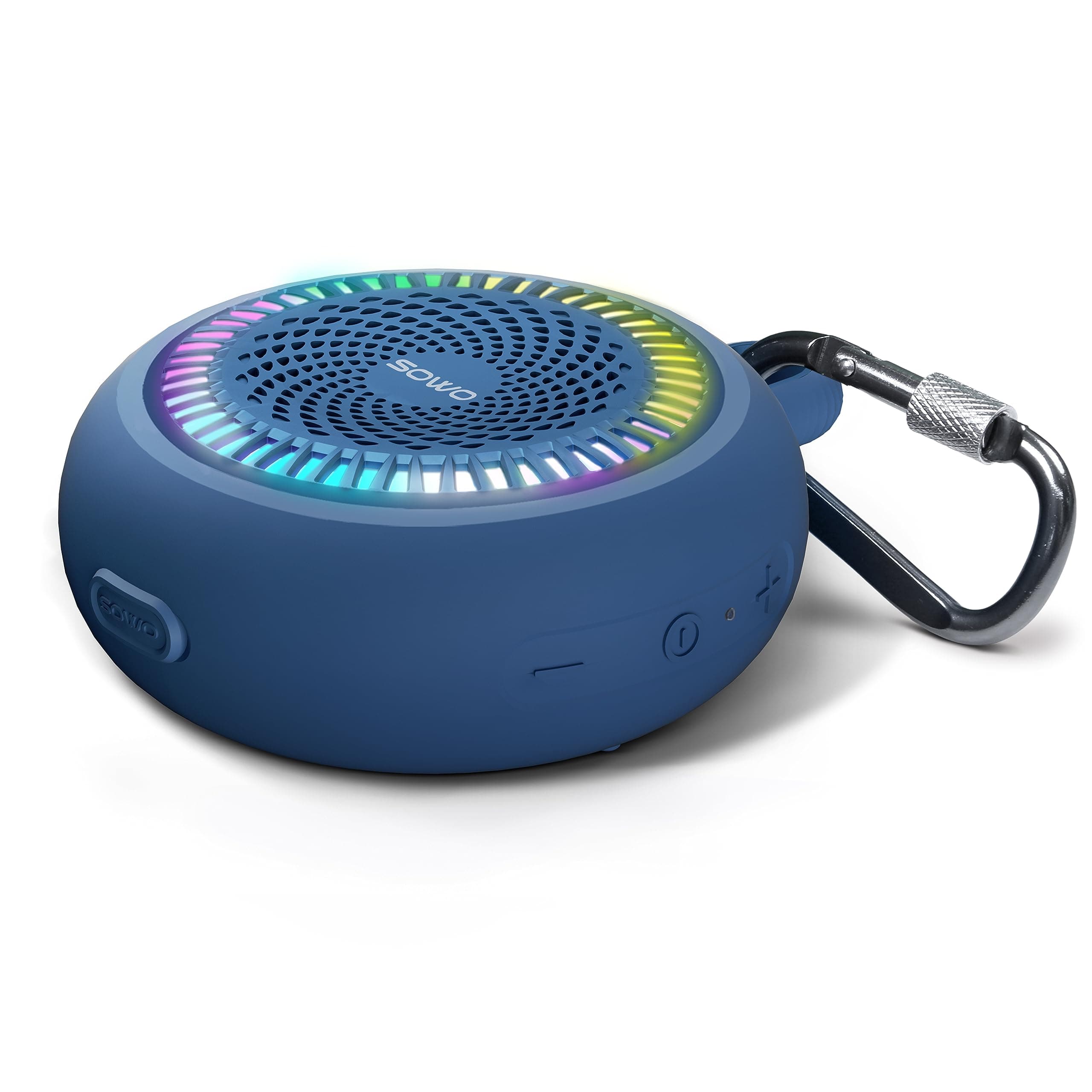 SOWO Shower Bluetooth Speaker Waterproof - Small Portable Wireless Clip Speaker with Louder Volume and Powerful Bass - Colorful Lights and 10H Playtime - Lightweight for Camping,Kayak,Boat - Blue