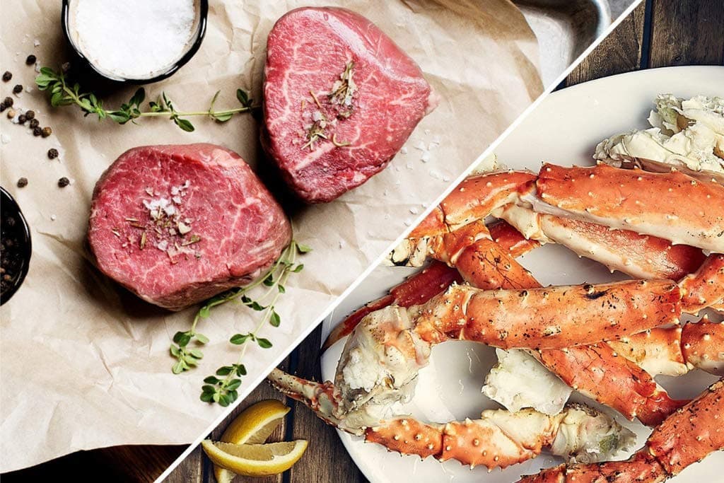 Alaskan King Crab Surf and Turf Dinner for Two, Red King Crab Legs, Fillet Mignon, Thick Cut Bacon - Overnight Shipping Monday - Thursday