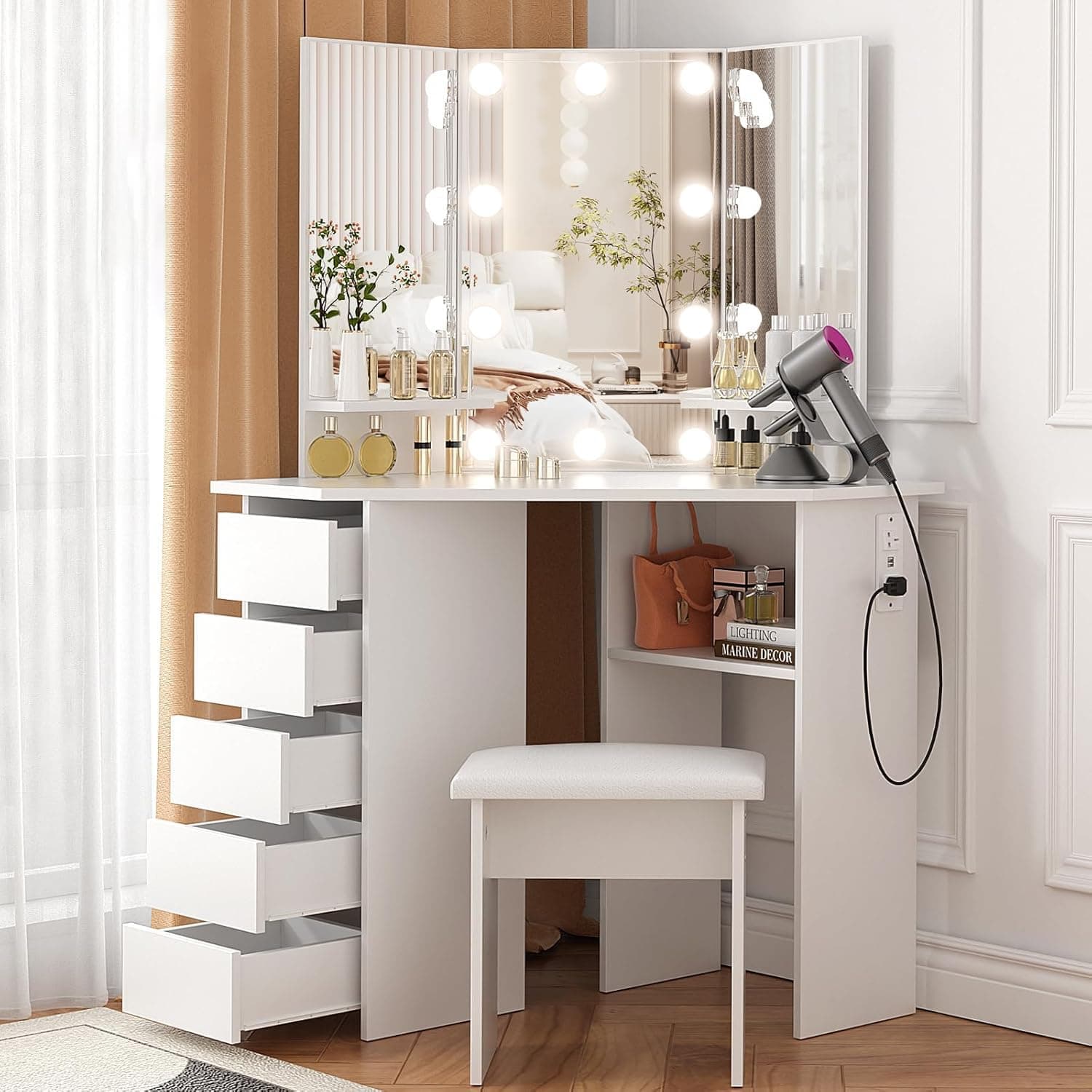 Vanity Table Dressing Table With Mirror, Vanity Desk Dresser Table With lights and Stool Markup Table