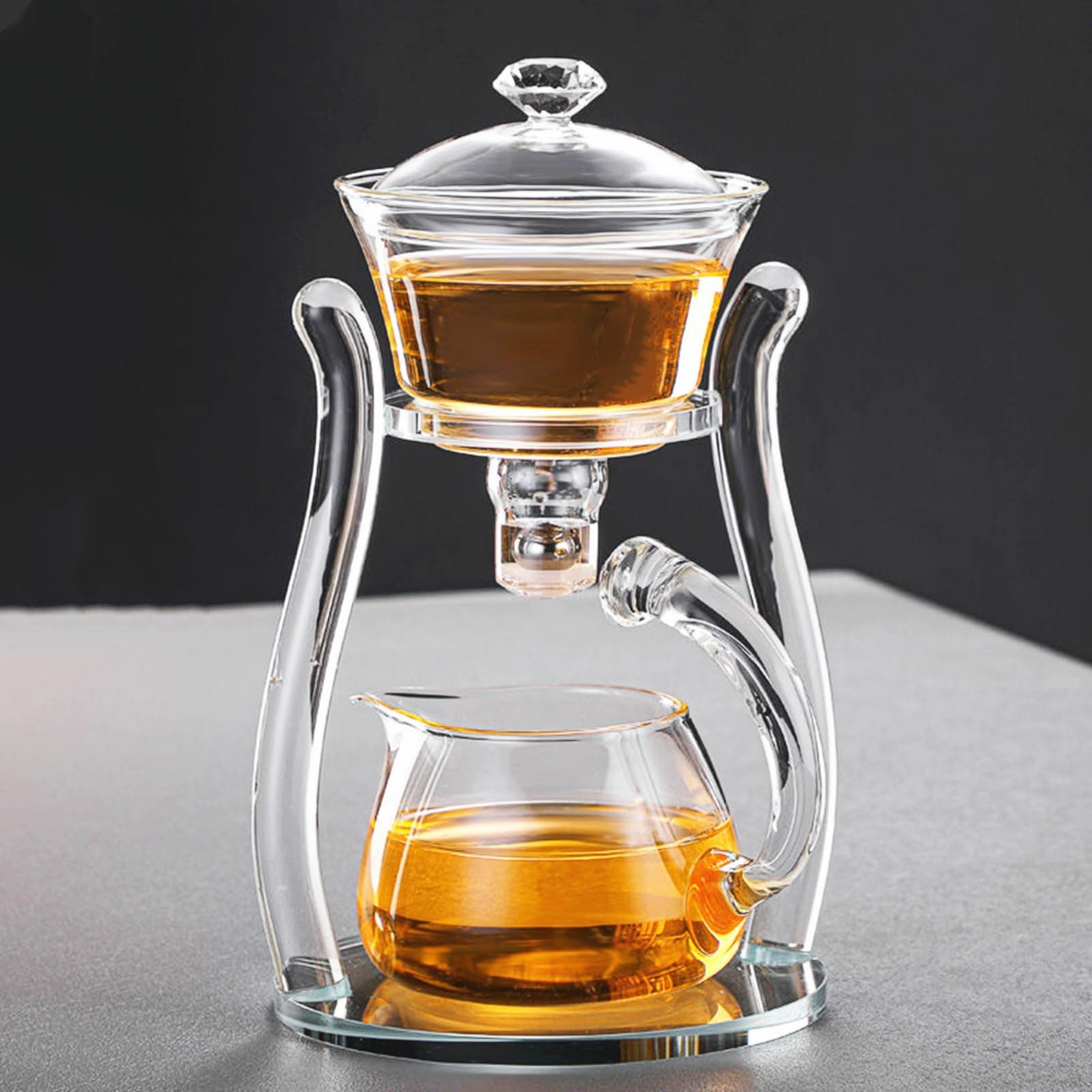 Lazy Kungfu Glass Teapot - Semi-Automatic with Suction Cup, Automatic Water Brewing, Office, Flower Glass, Tea Set (Clear)