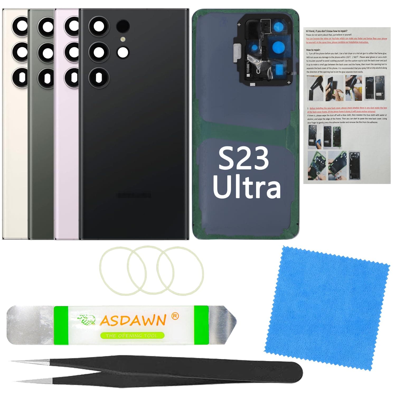 Galaxy S23 Ultra Back Cover Glass Replacement with Pre-Installed Camera Lens + Installation Manual + Repair Tools for Samsung Galaxy S23 Ultra 5G SM-S918 All Carriers (Phantom Black)
