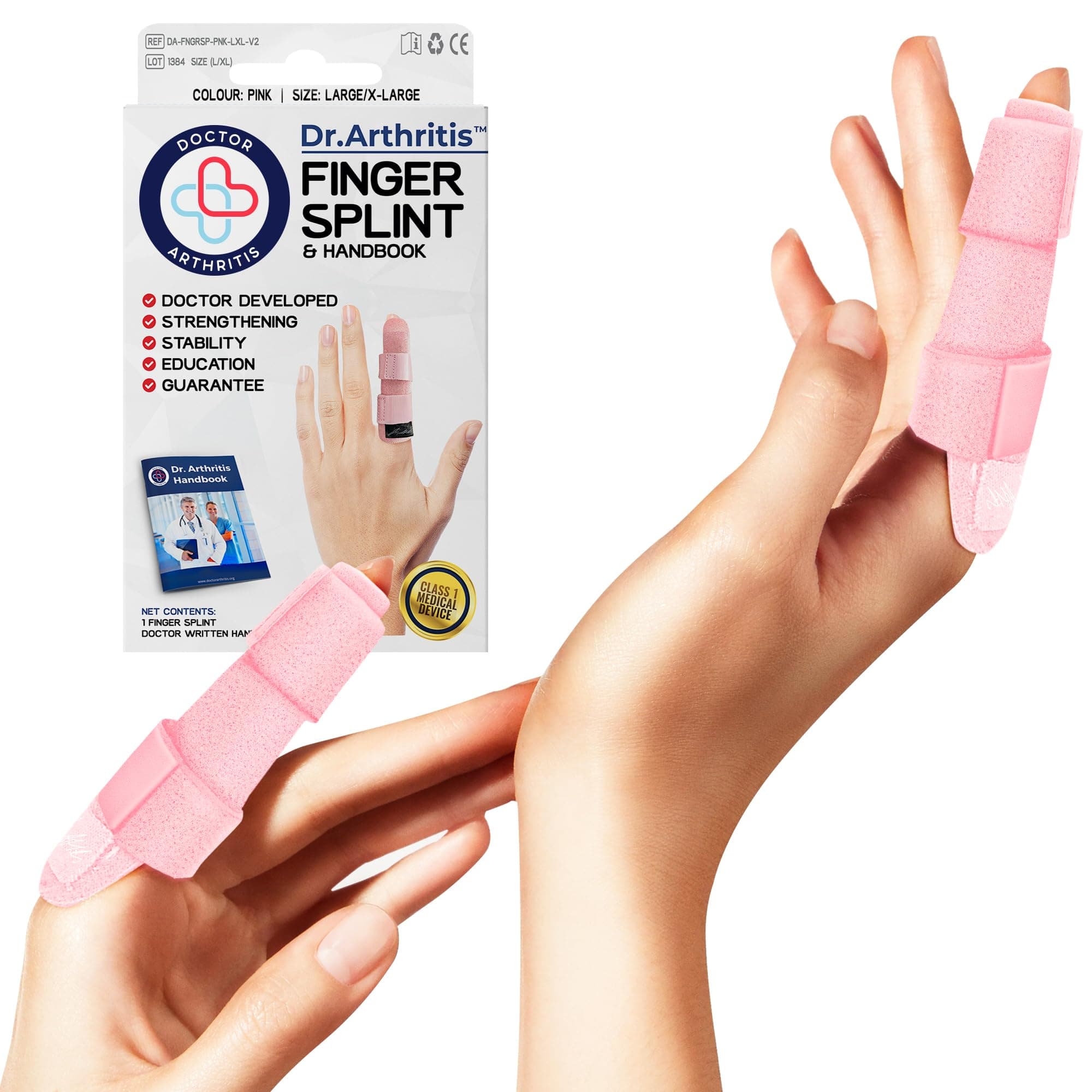 Dr. Arthritis Doctor Developed Finger Splint Trigger Finger Brace - Braces, Splints & Supports Index, Middle, Ring & Pinky Finger - Padded Finger Splints (Pink, L/XL, 2 Pack)