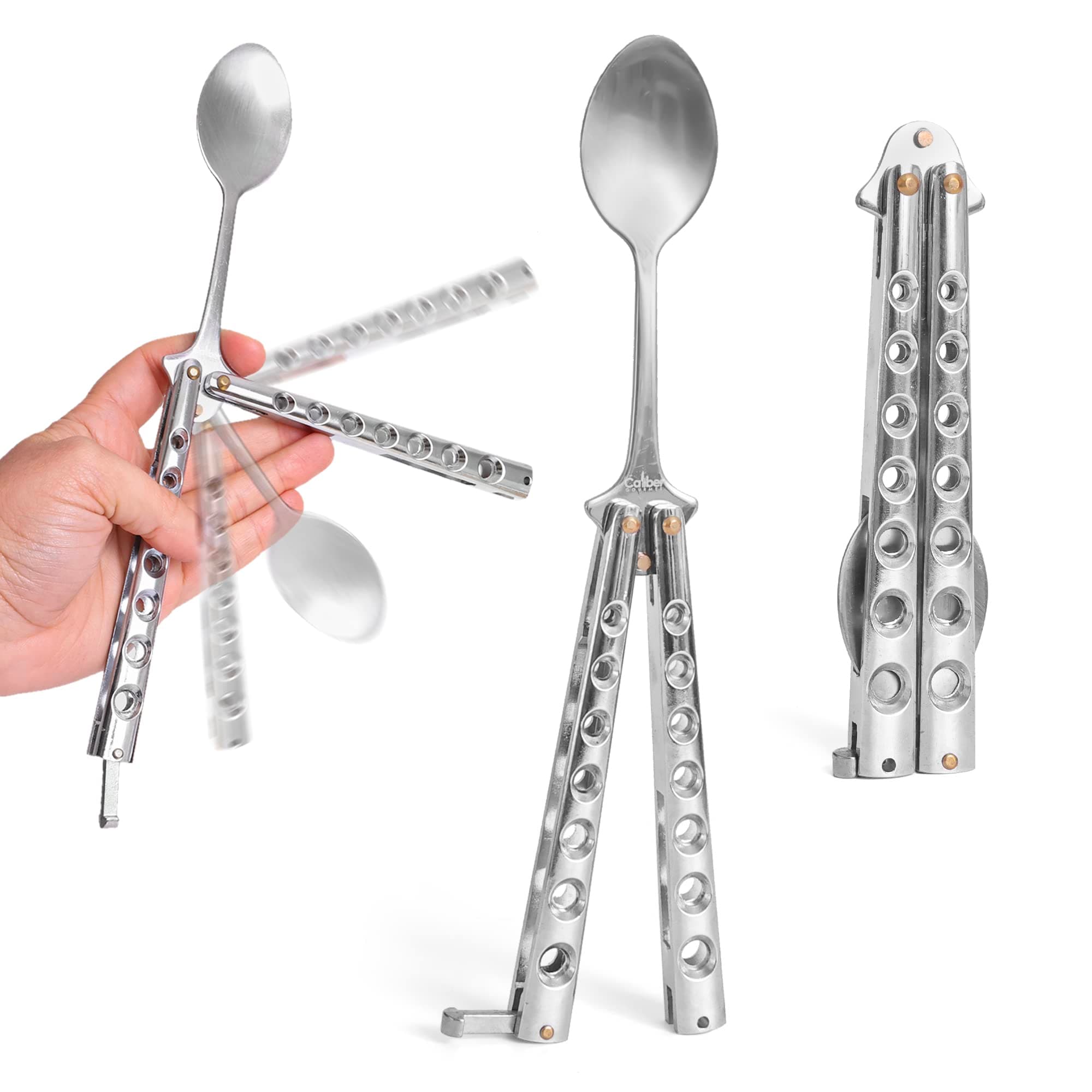 Caliber Gourmet Butterfly Knife Style Spoon BBQ Tool Folding Stainless Steel Spoon & Bottle Opener Camping, Hiking, Kitchen, Grill, Picnic Utensil Unique Tactical Christmas Gift