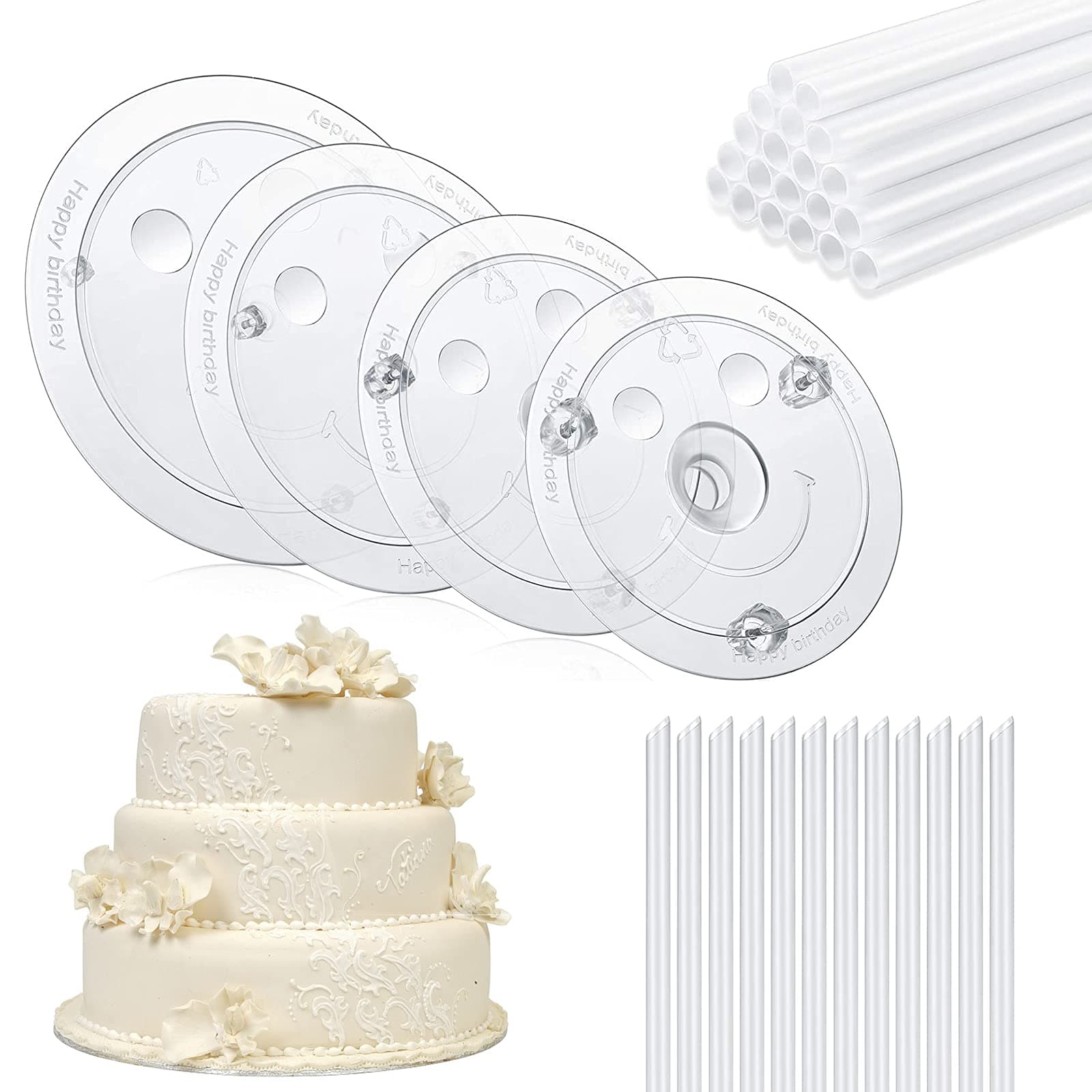 QPEY Cake Sticks Support Rods with Cake Board Drums,White Plastic Cake Separator Plates for Chic Multi-Tiered Cake in the Party,Wedding,Birthday,4PCS Plates with 32 PCS Rods