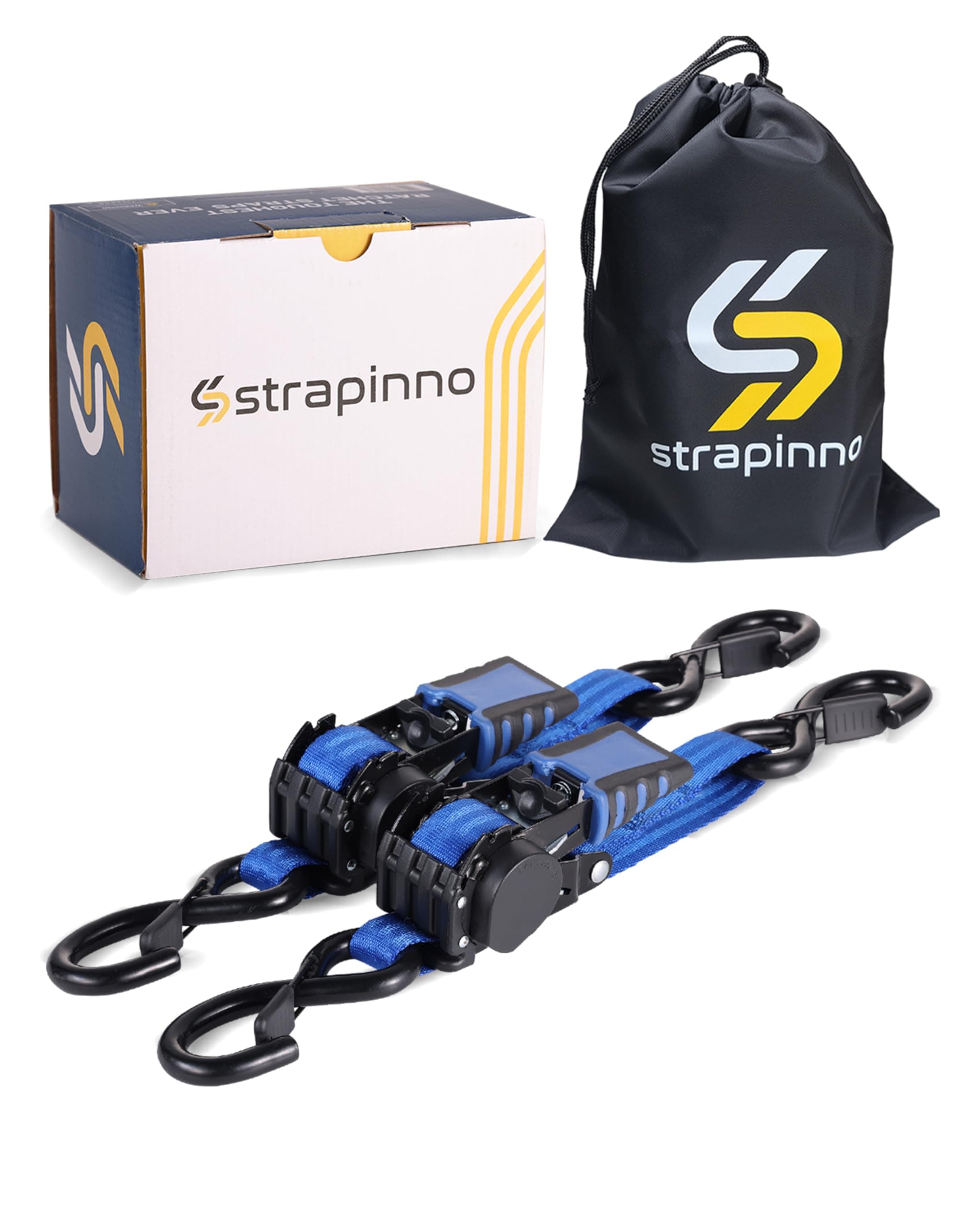 Strapinno Retractable Ratchet Straps - 1 in x 2.5 ft Heavy Duty Adjustable Boat Transom Tie Down, 2PCS, 2400lbs Breaking Strength, Safety S Hooks, For Boat, Jetski, Seadoo, Waverunner, and PWCs (Blue)